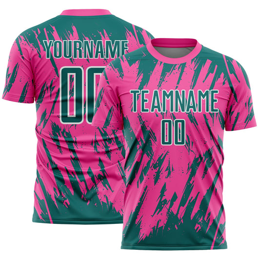 Custom Pink Teal-White Splatter Torn Sharp Brush Stroke Sublimation Soccer Uniform Jersey - Main View