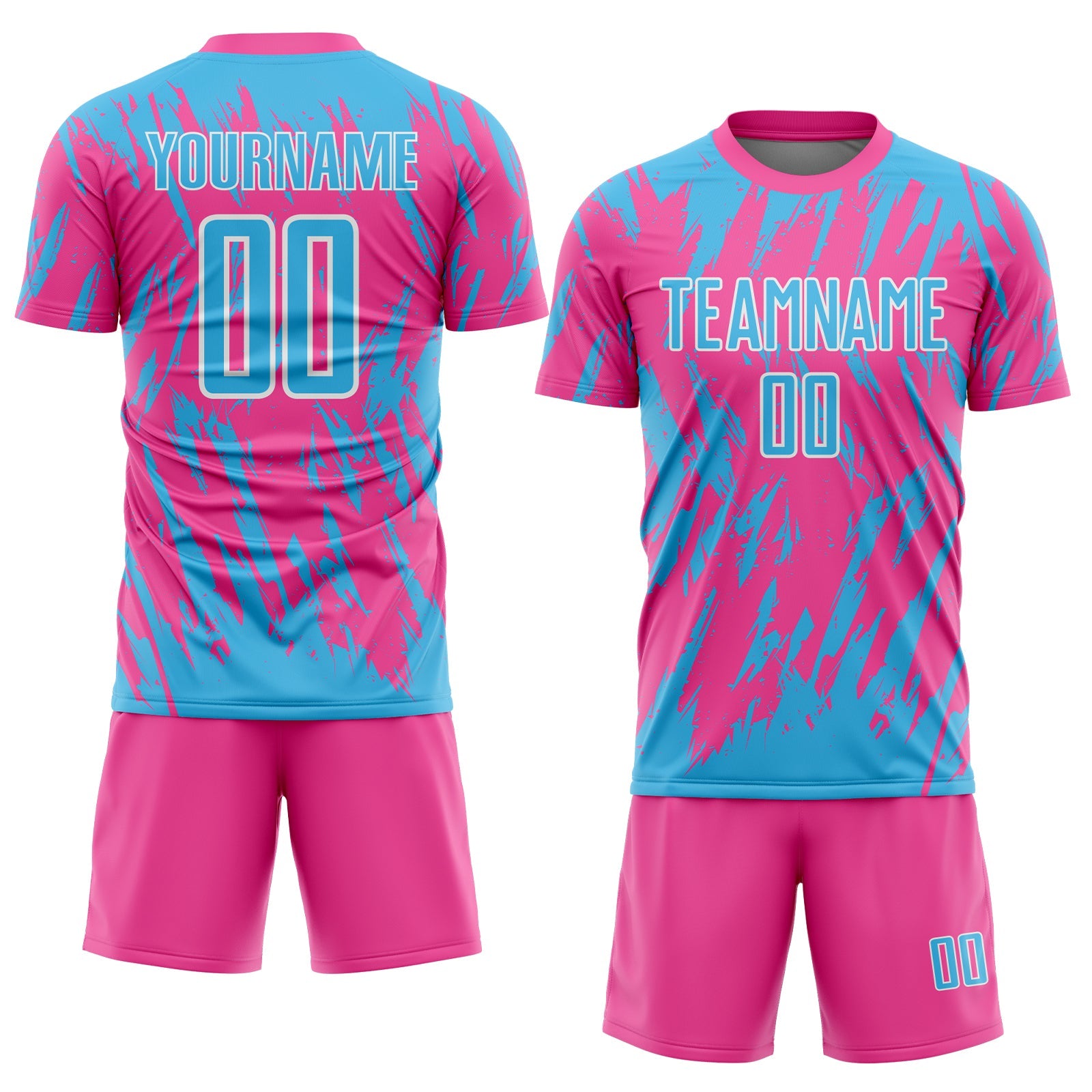 Custom Pink Sky Blue-White Splatter Torn Sharp Brush Stroke Sublimation Soccer Uniform Jersey view 2