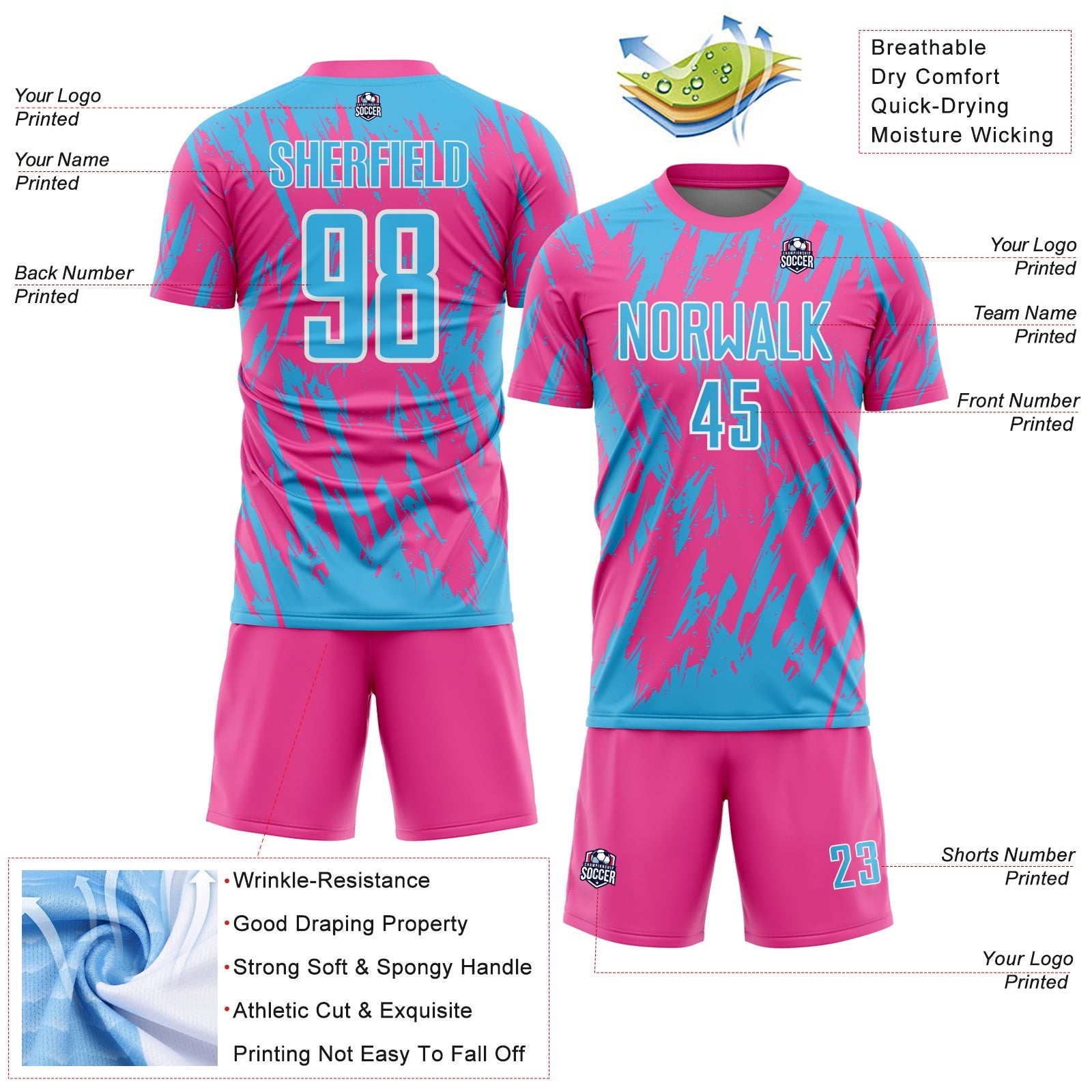 Custom Pink Sky Blue-White Splatter Torn Sharp Brush Stroke Sublimation Soccer Uniform Jersey view 4