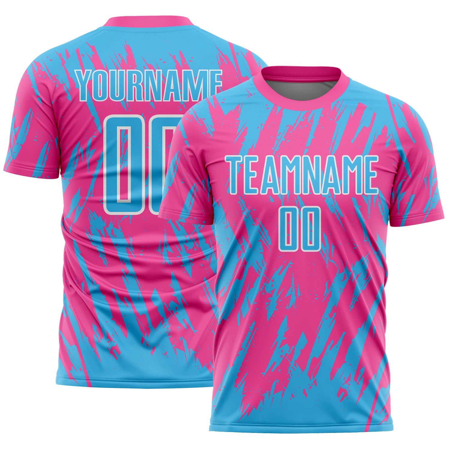 Custom Pink Sky Blue-White Splatter Torn Sharp Brush Stroke Sublimation Soccer Uniform Jersey - Main View