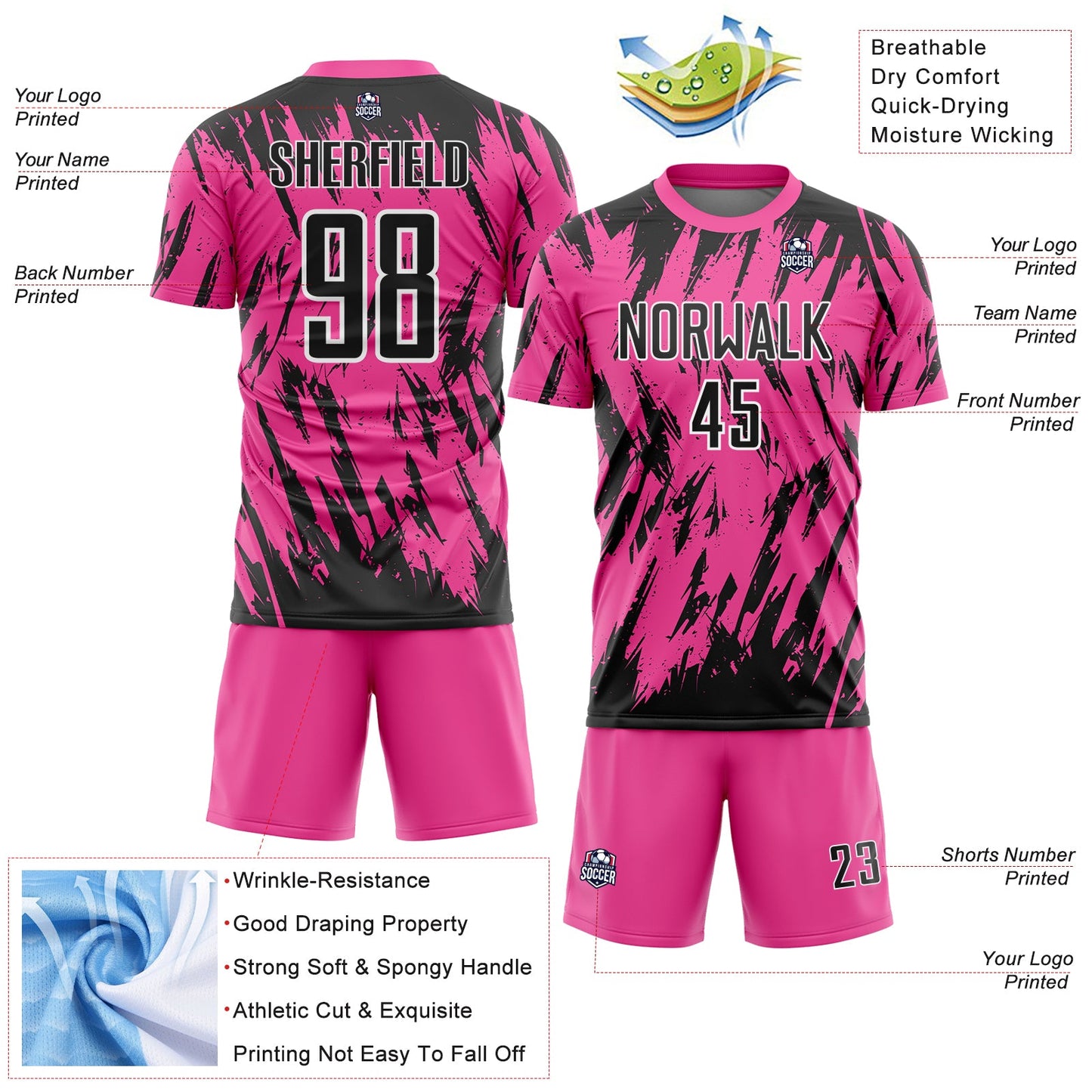 Custom Pink Black-White Splatter Torn Sharp Brush Stroke Sublimation Soccer Uniform Jersey view 4