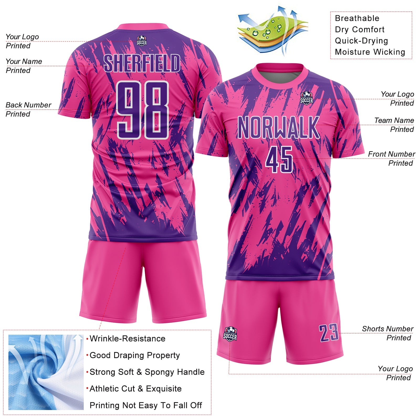 Custom Pink Purple-White Splatter Torn Sharp Brush Stroke Sublimation Soccer Uniform Jersey view 4