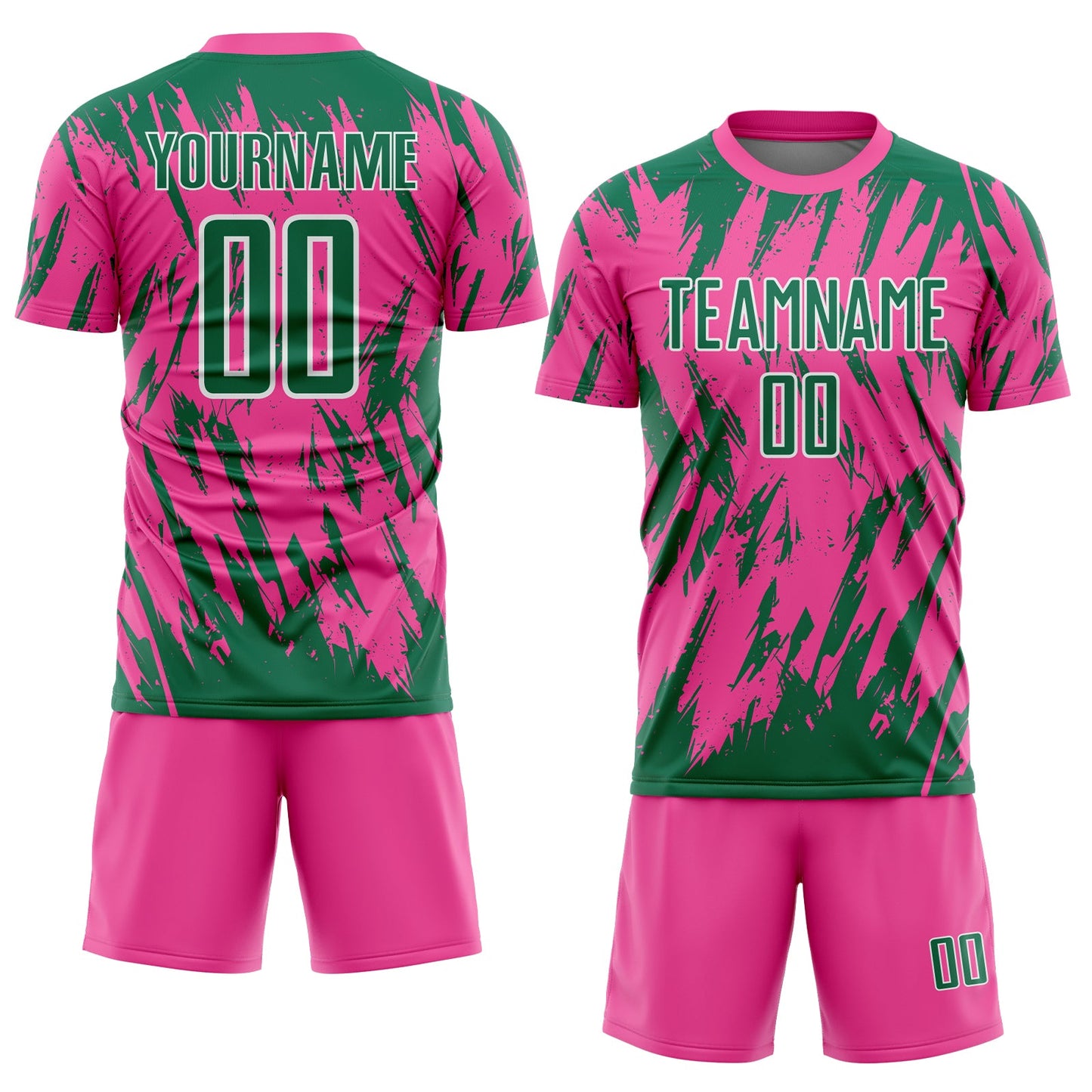 Custom Pink Kelly Green-White Splatter Torn Sharp Brush Stroke Sublimation Soccer Uniform Jersey view 2