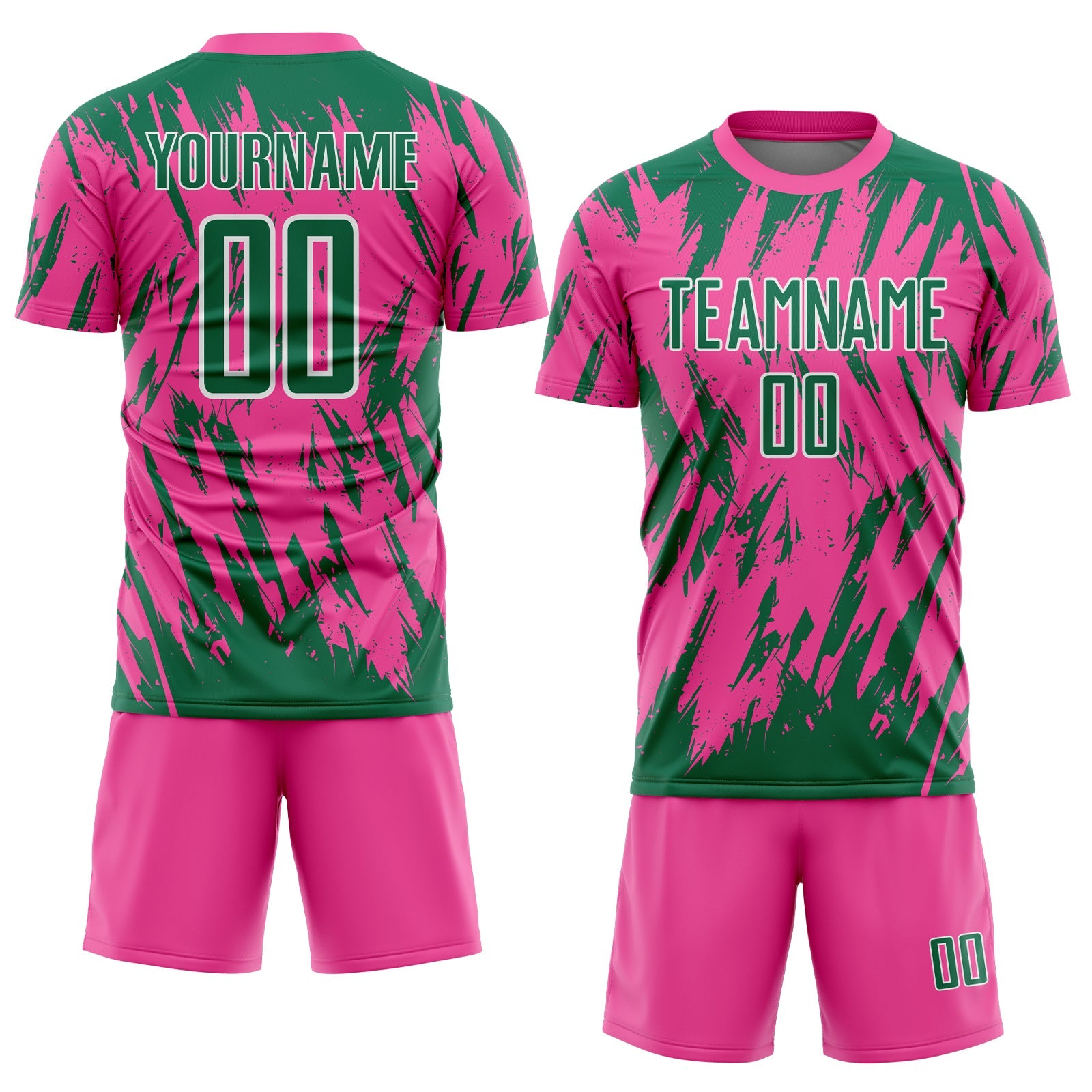 Custom Pink Kelly Green-White Splatter Torn Sharp Brush Stroke Sublimation Soccer Uniform Jersey view 2