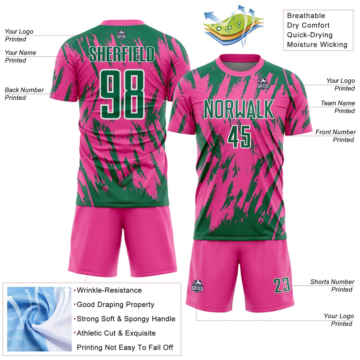 Custom Pink Kelly Green-White Splatter Torn Sharp Brush Stroke Sublimation Soccer Uniform Jersey view 4