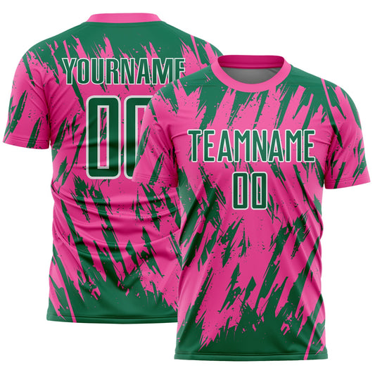 Custom Pink Kelly Green-White Splatter Torn Sharp Brush Stroke Sublimation Soccer Uniform Jersey - Main View
