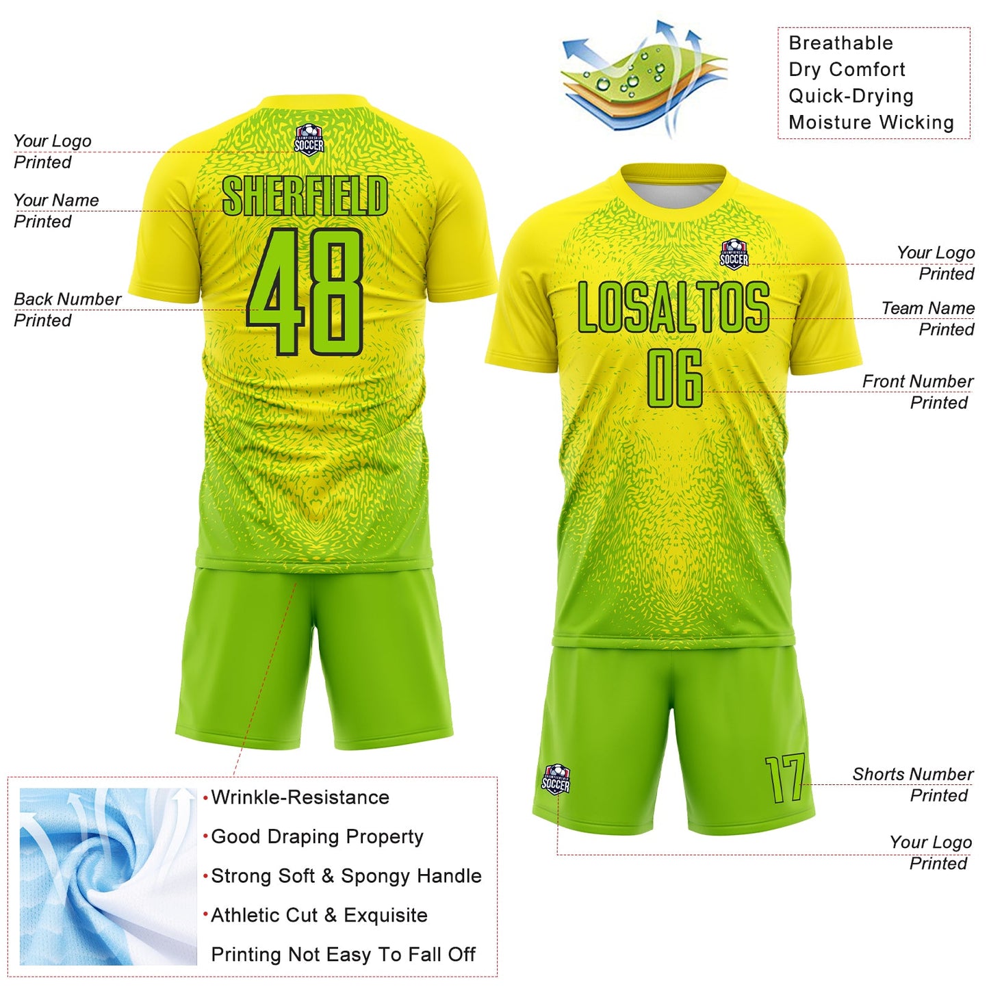 Custom Light Yellow Neon Green-Black Brasil Gradient Ripples Sublimation Soccer Uniform Jersey view 4