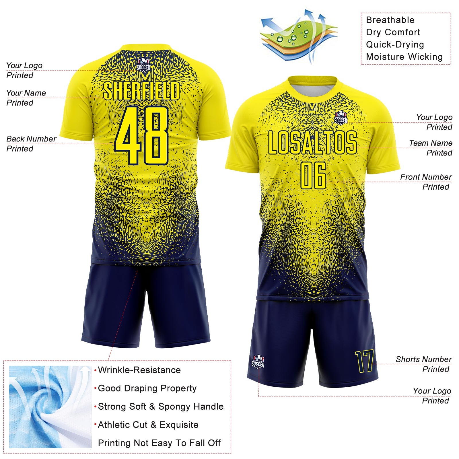 Custom Light Yellow Navy Brasil Gradient Ripples Sublimation Soccer Uniform Jersey view 4