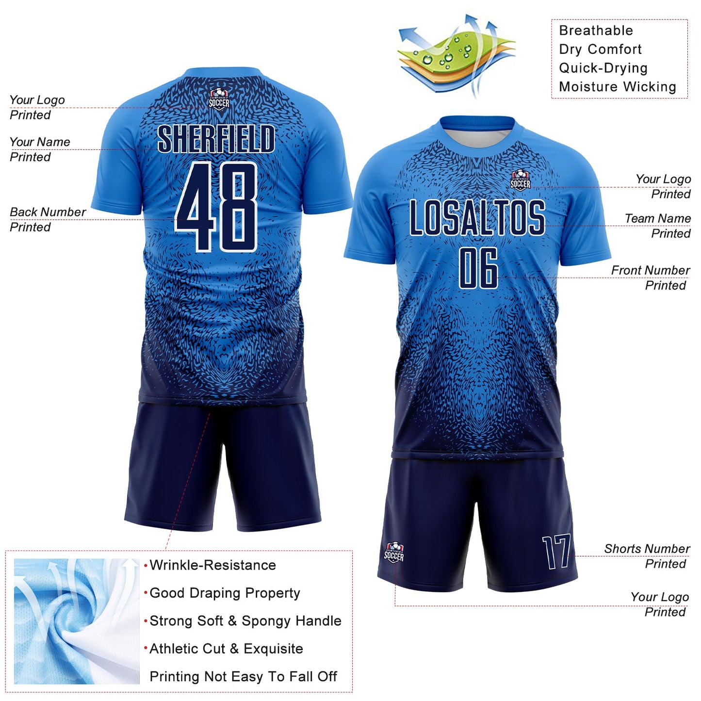 Custom Powder Blue Navy-White Brasil Gradient Ripples Sublimation Soccer Uniform Jersey view 4