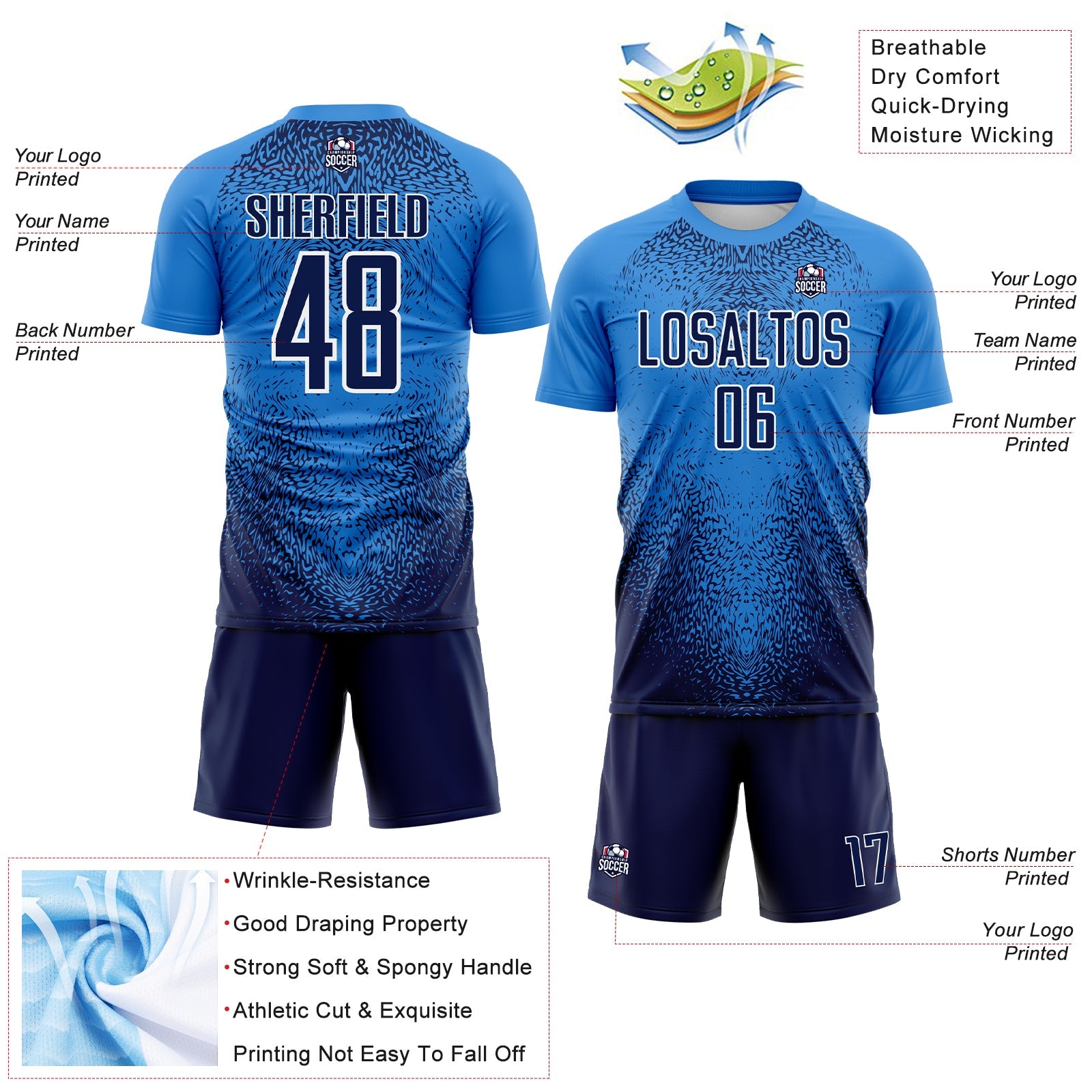 Custom Powder Blue Navy-White Brasil Gradient Ripples Sublimation Soccer Uniform Jersey view 4