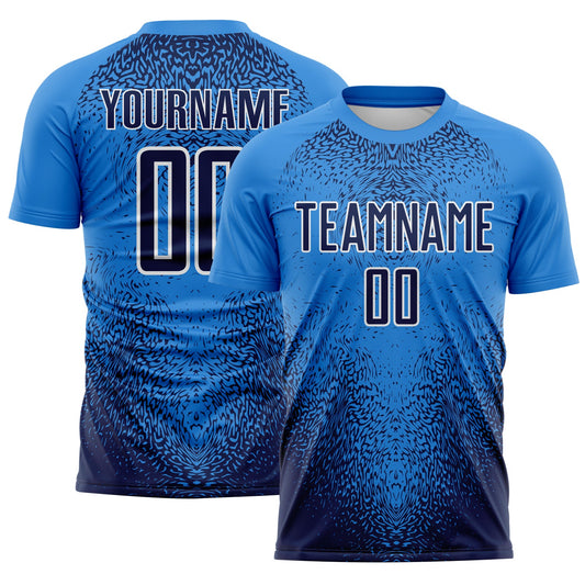Custom Powder Blue Navy-White Brasil Gradient Ripples Sublimation Soccer Uniform Jersey - Main View