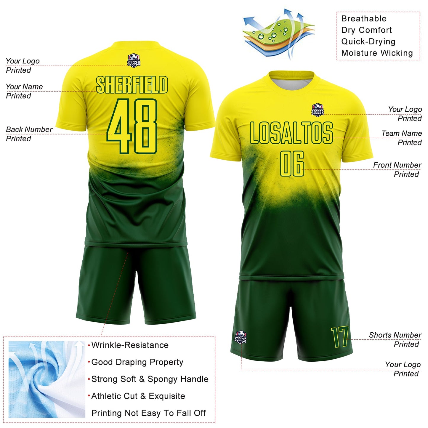 Custom Light Yellow Green Brasil Spray Gradient Sublimation Soccer Uniform Jersey view 4