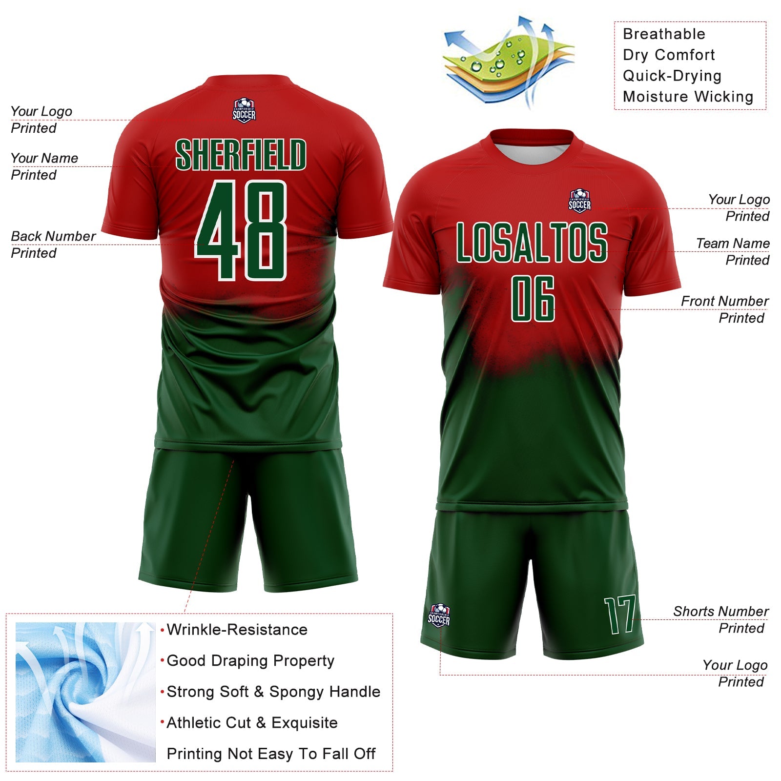 Custom Red Green-White Brasil Spray Gradient Sublimation Soccer Uniform Jersey view 4