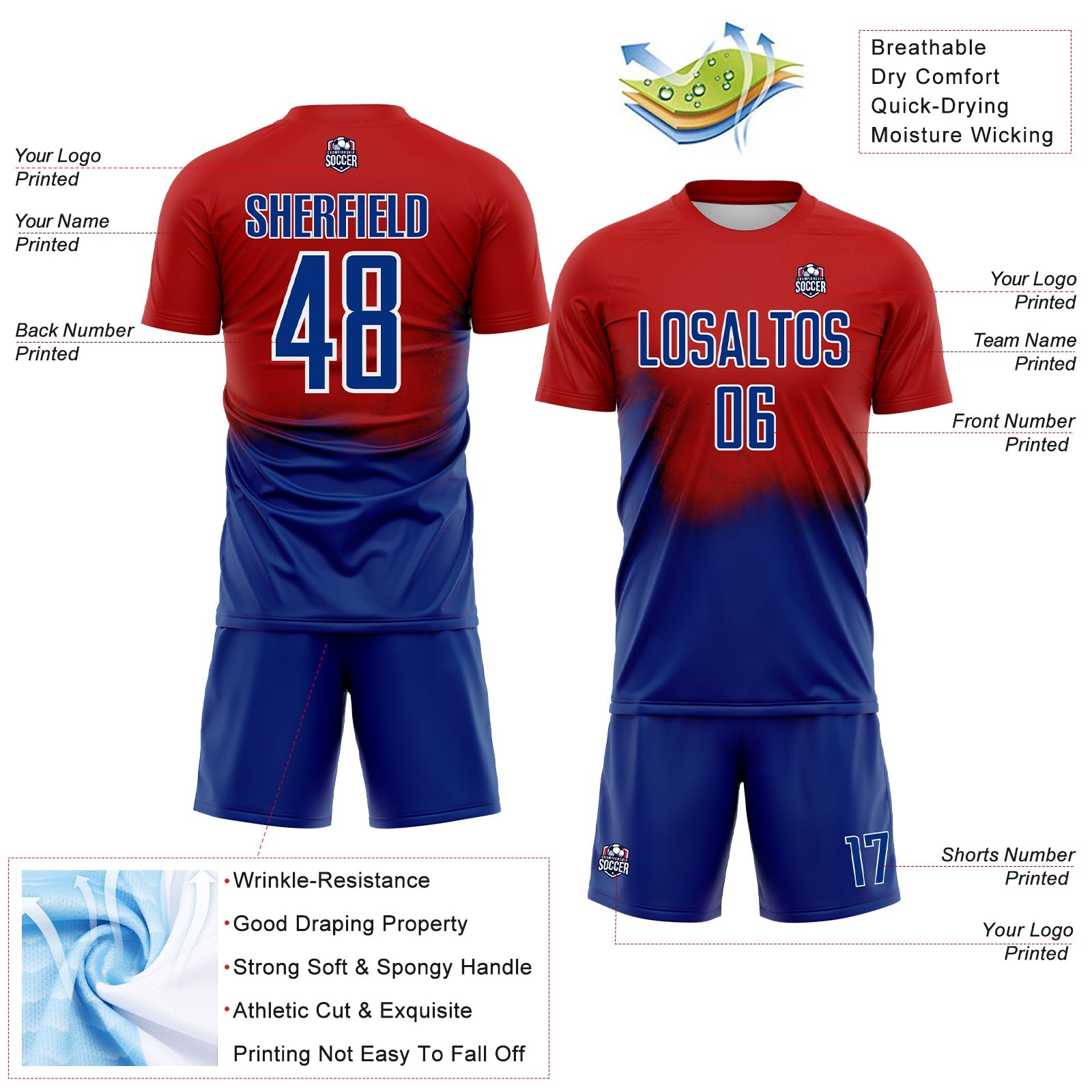 Custom Red Royal-White Brasil Spray Gradient Sublimation Soccer Uniform Jersey view 4