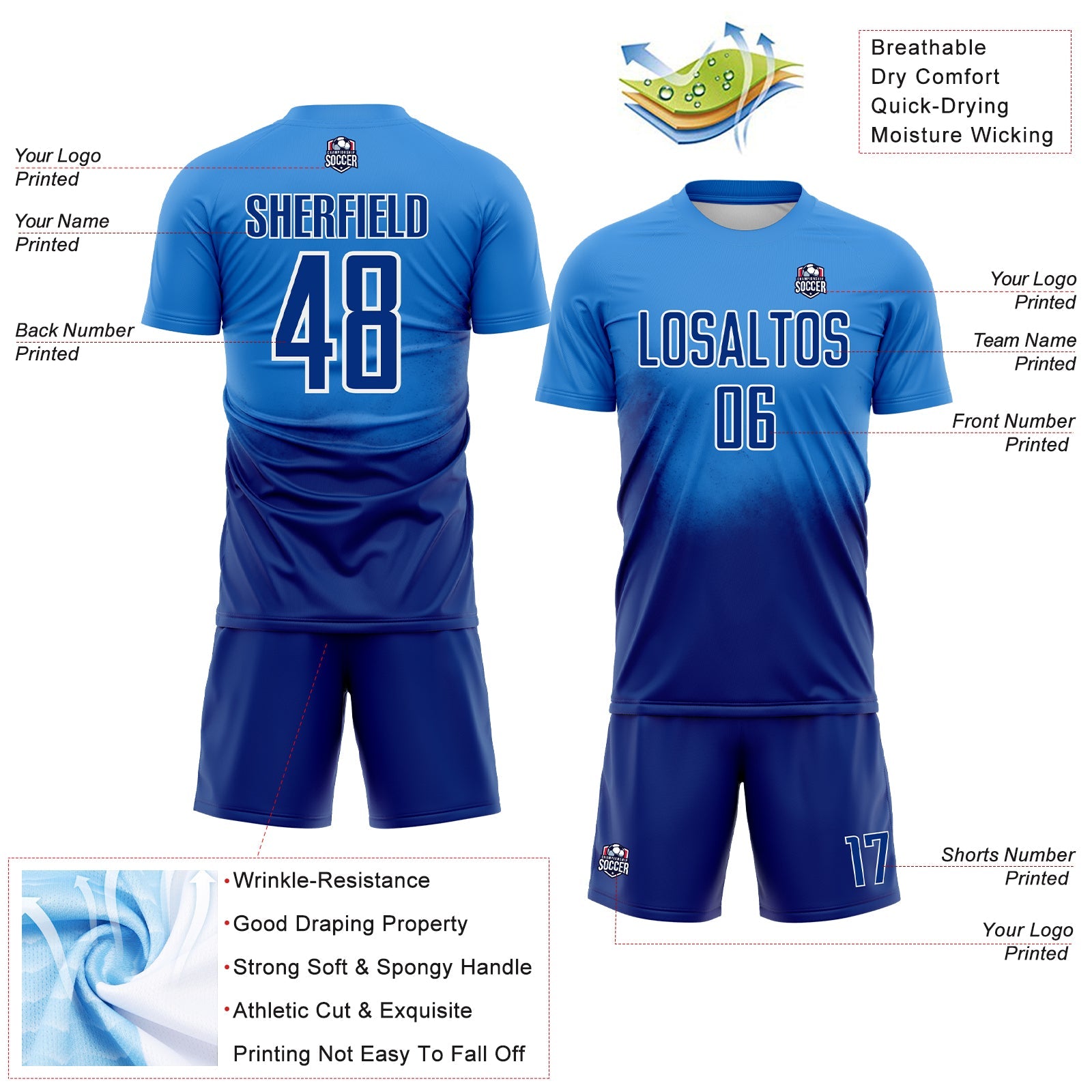 Custom Powder Blue Royal-White Brasil Spray Gradient Sublimation Soccer Uniform Jersey view 4