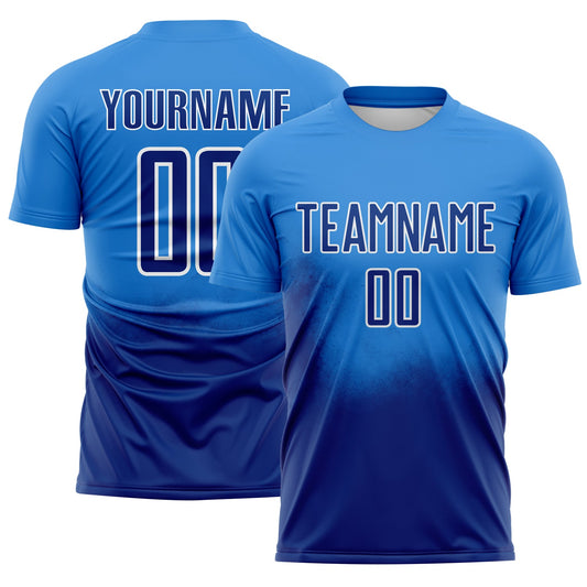 Custom Powder Blue Royal-White Brasil Spray Gradient Sublimation Soccer Uniform Jersey - Main View