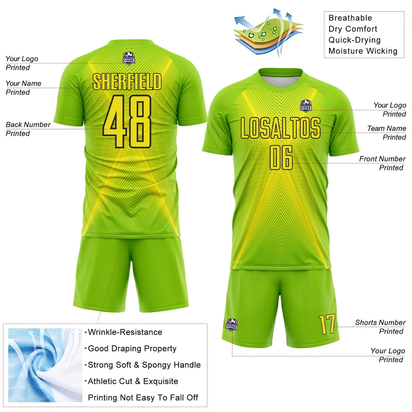Custom Neon Green Light Yellow-Black Brasil Geometric Chevron Sublimation Soccer Uniform Jersey view 4
