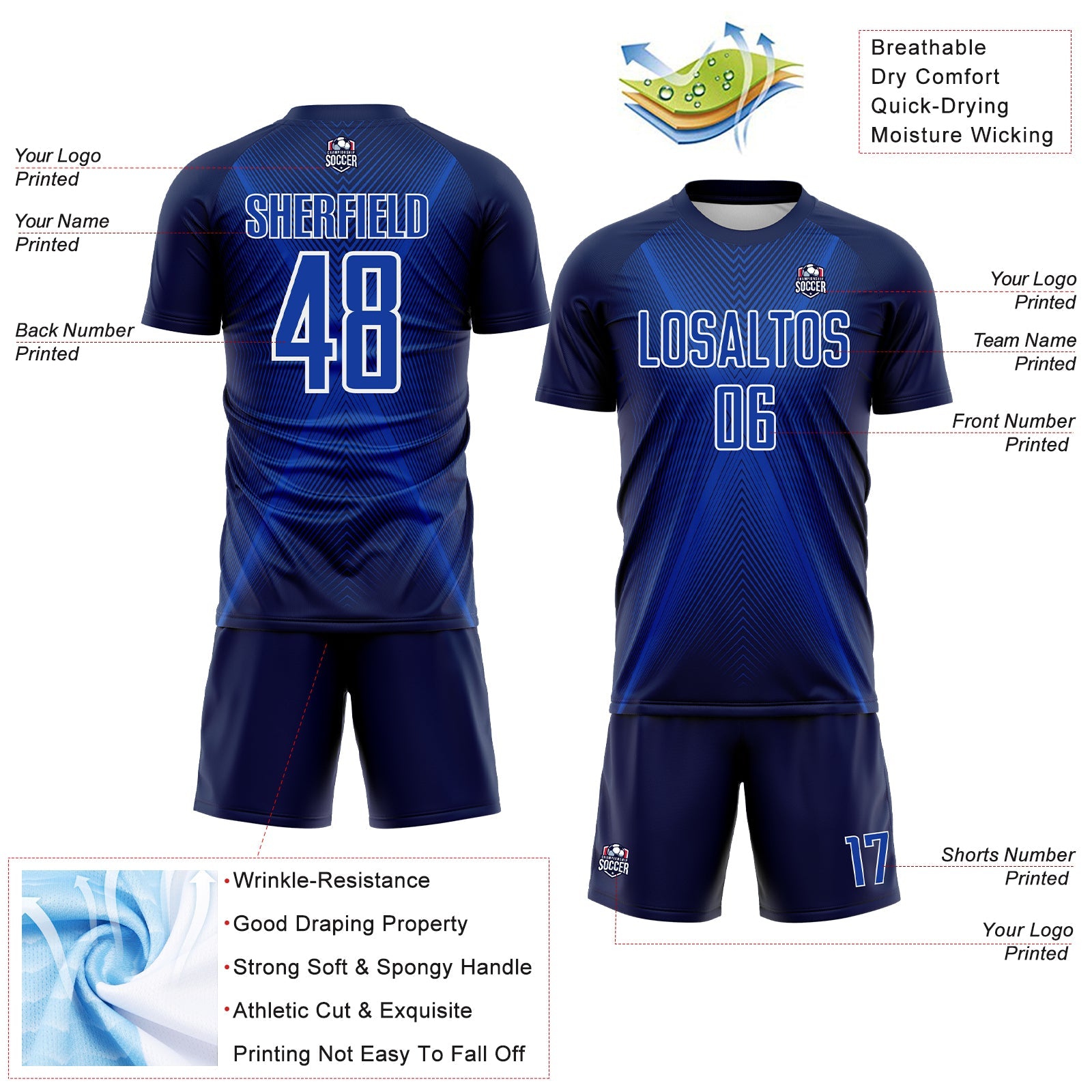 Custom Navy Thunder Blue-White Brasil Geometric Chevron Sublimation Soccer Uniform Jersey view 4