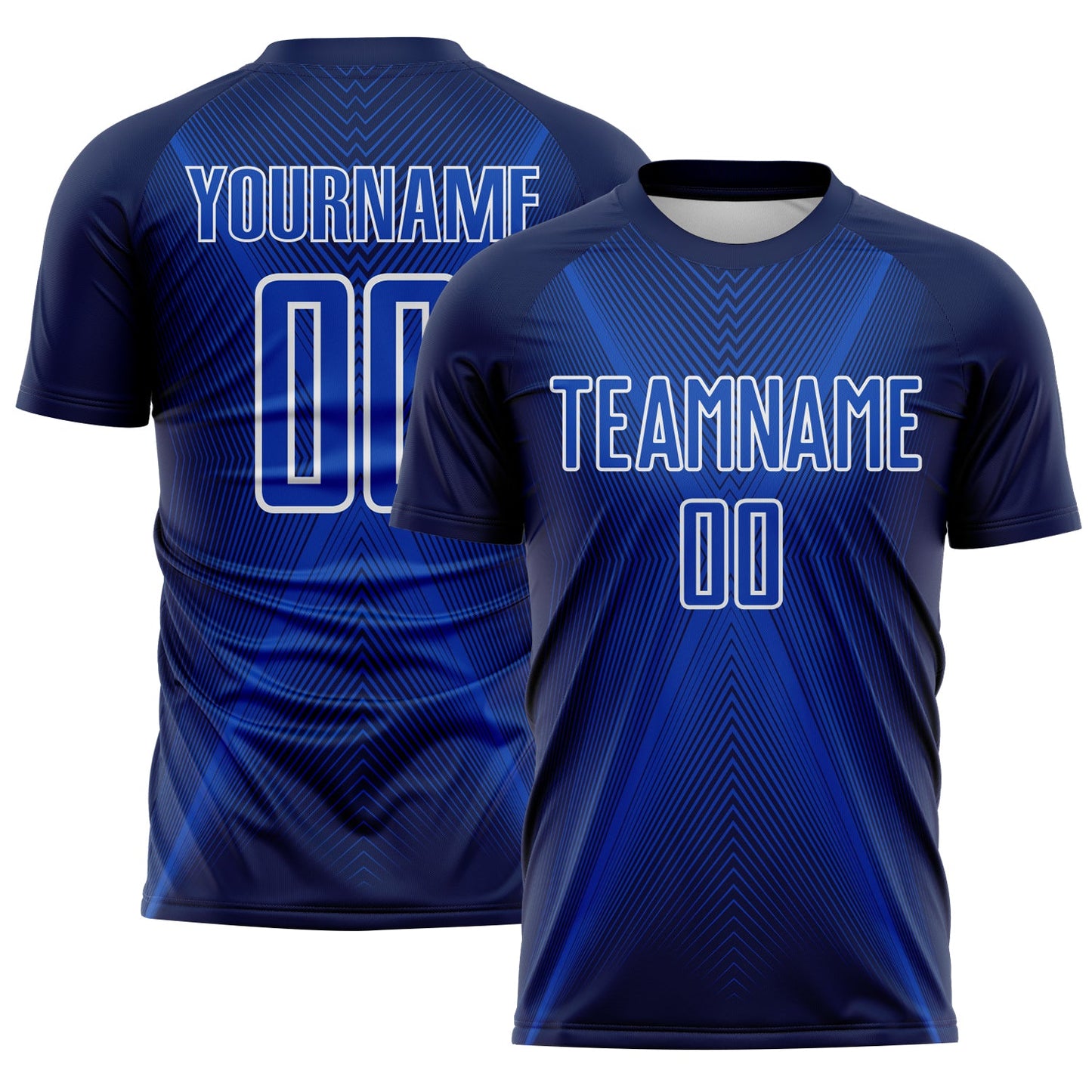 Custom Navy Thunder Blue-White Brasil Geometric Chevron Sublimation Soccer Uniform Jersey - Main View