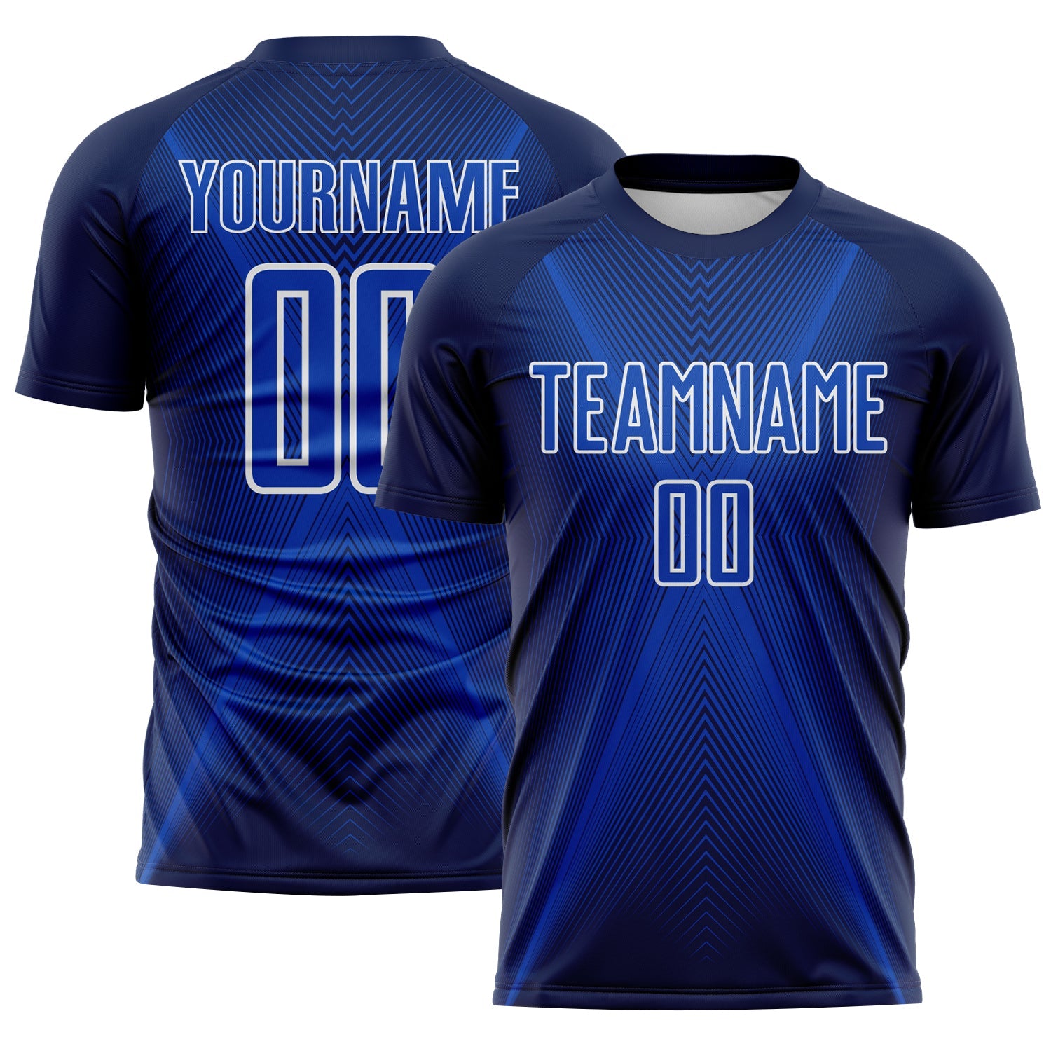 Custom Navy Thunder Blue-White Brasil Geometric Chevron Sublimation Soccer Uniform Jersey - Main View