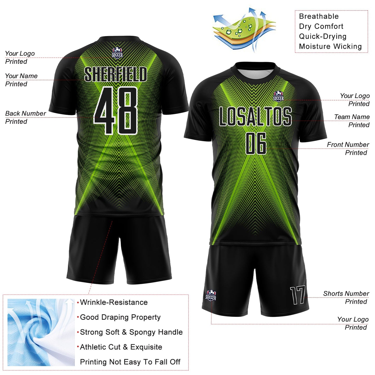 Custom Black Neon Green-White Brasil Geometric Chevron Sublimation Soccer Uniform Jersey view 4