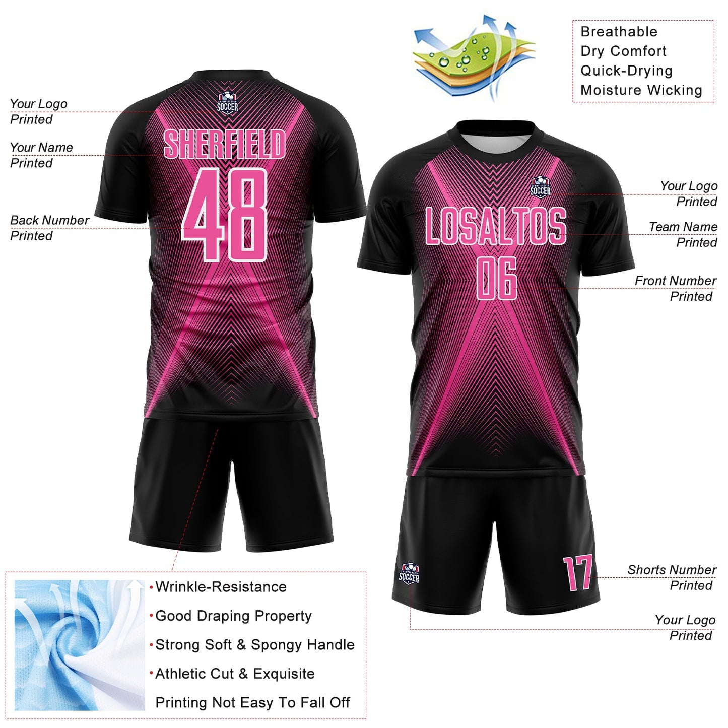 Custom Black Pink-White Brasil Geometric Chevron Sublimation Soccer Uniform Jersey view 4