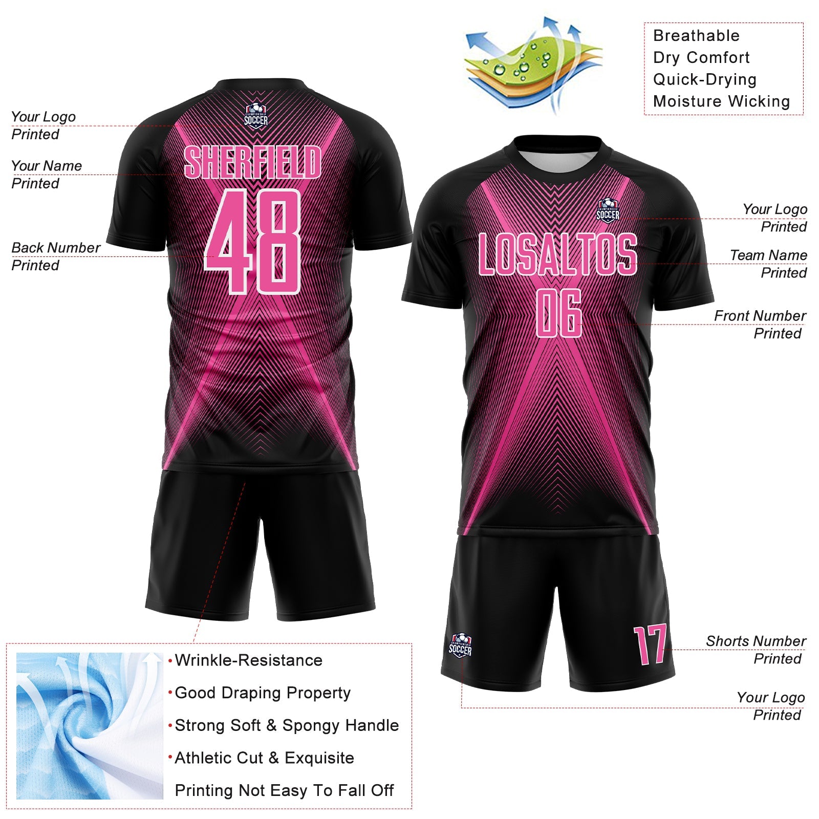 Custom Black Pink-White Brasil Geometric Chevron Sublimation Soccer Uniform Jersey view 4