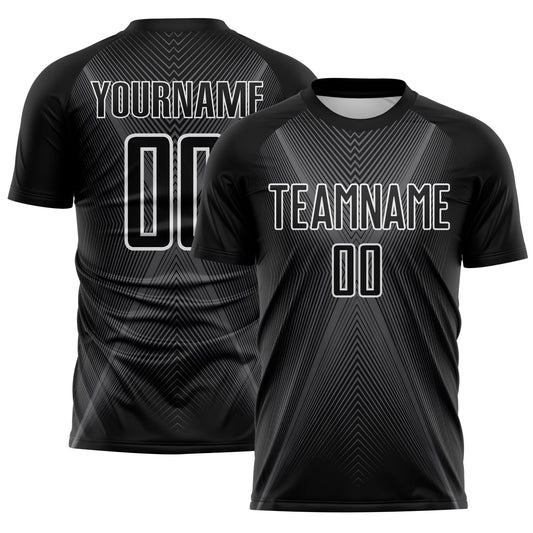 Custom Black Steel Gray-White Brasil Geometric Chevron Sublimation Soccer Uniform Jersey - Main View