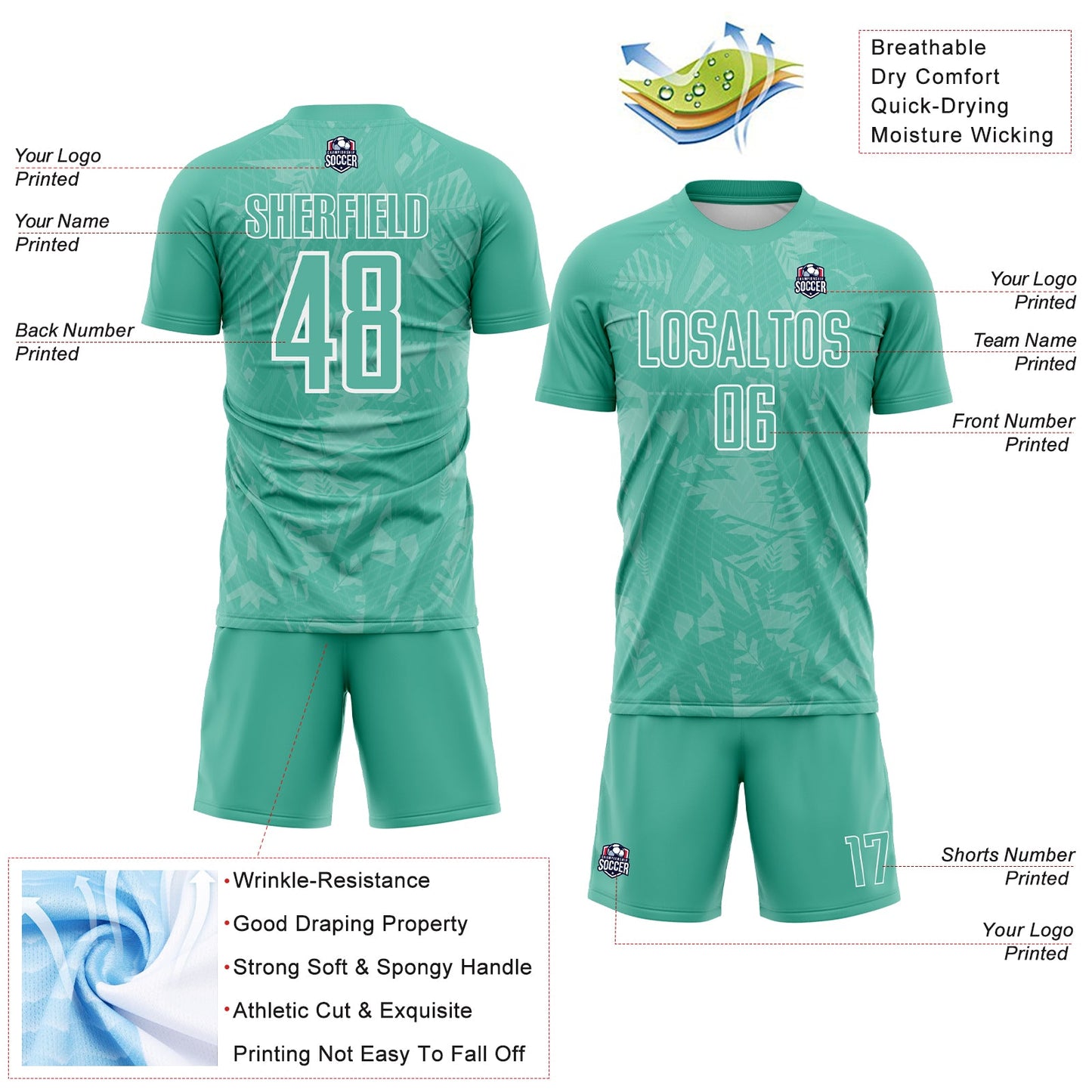 Custom Ice Blue White Brasil Geometric Tropical Rainforest Sublimation Soccer Uniform Jersey view 4