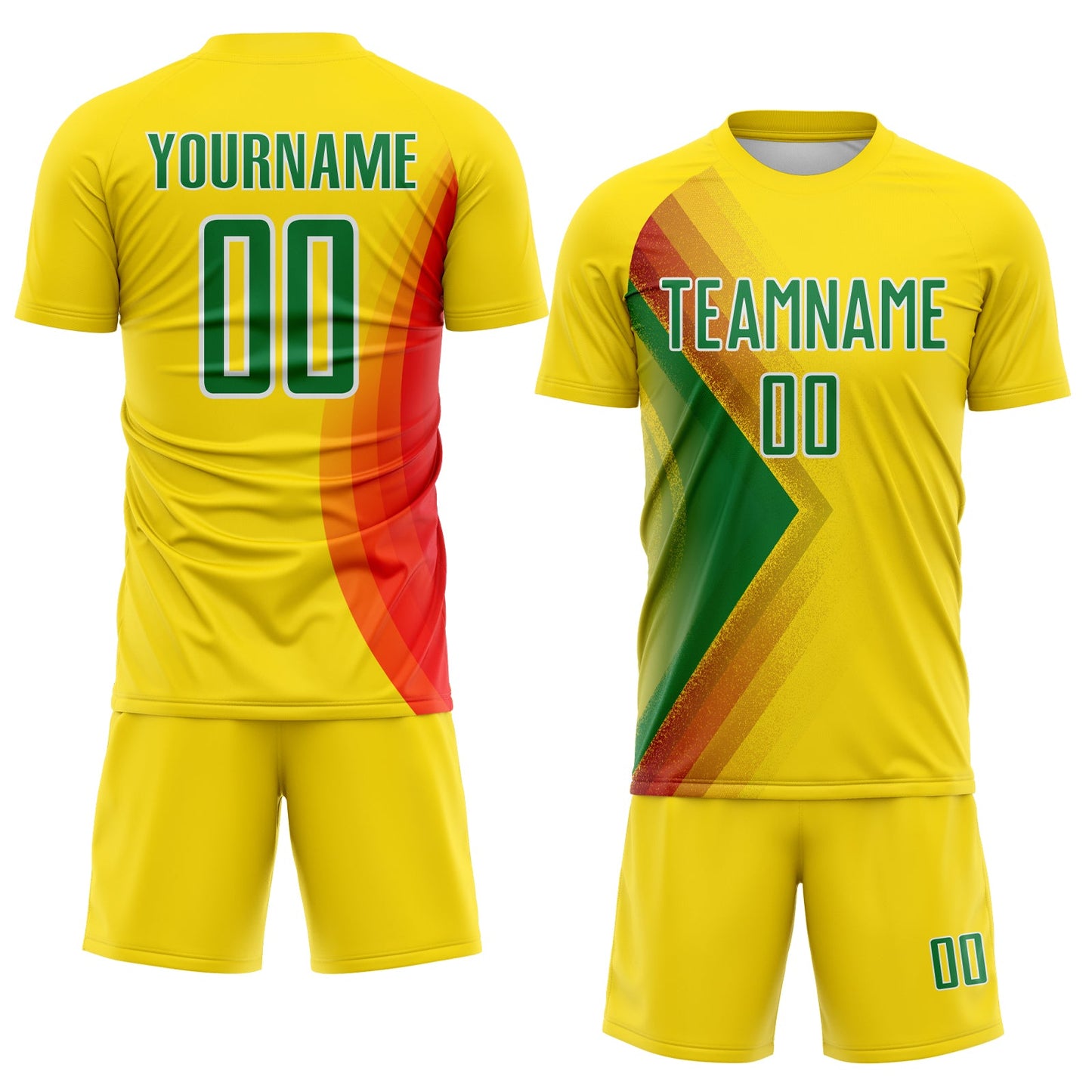 Custom Light Yellow Kelly Green Red-White Brasil Abstract Geometric Sublimation Soccer Uniform Jersey view 2