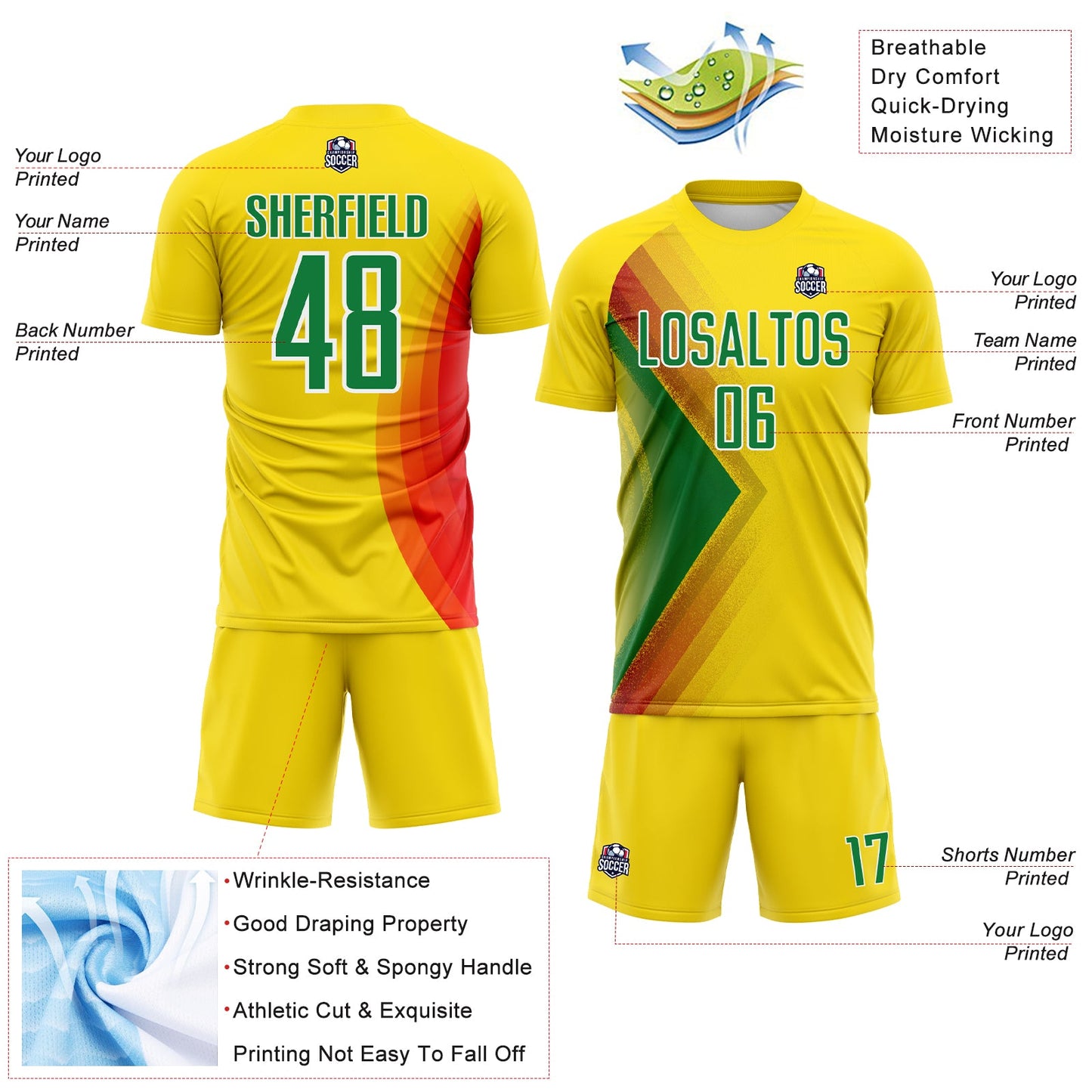 Custom Light Yellow Kelly Green Red-White Brasil Abstract Geometric Sublimation Soccer Uniform Jersey view 4