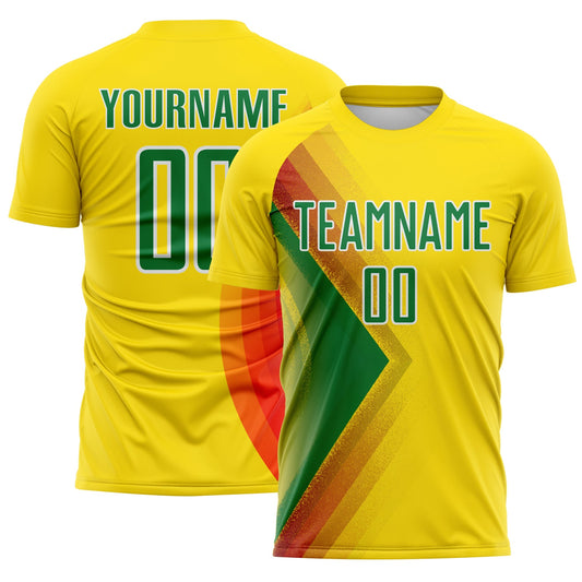 Custom Light Yellow Kelly Green Red-White Brasil Abstract Geometric Sublimation Soccer Uniform Jersey - Main View