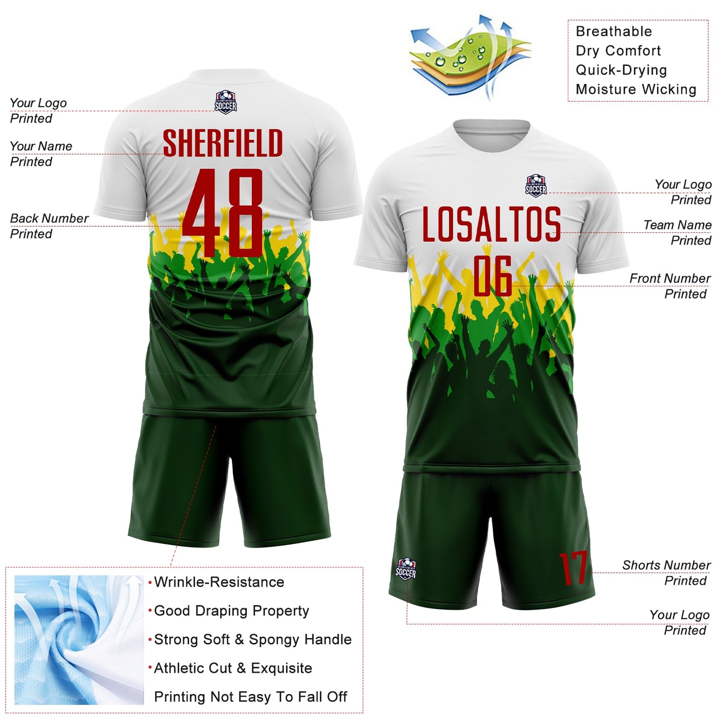 Custom White Red Green-Yellow Brasil Stadium Fan Sublimation Soccer Uniform Jersey view 4