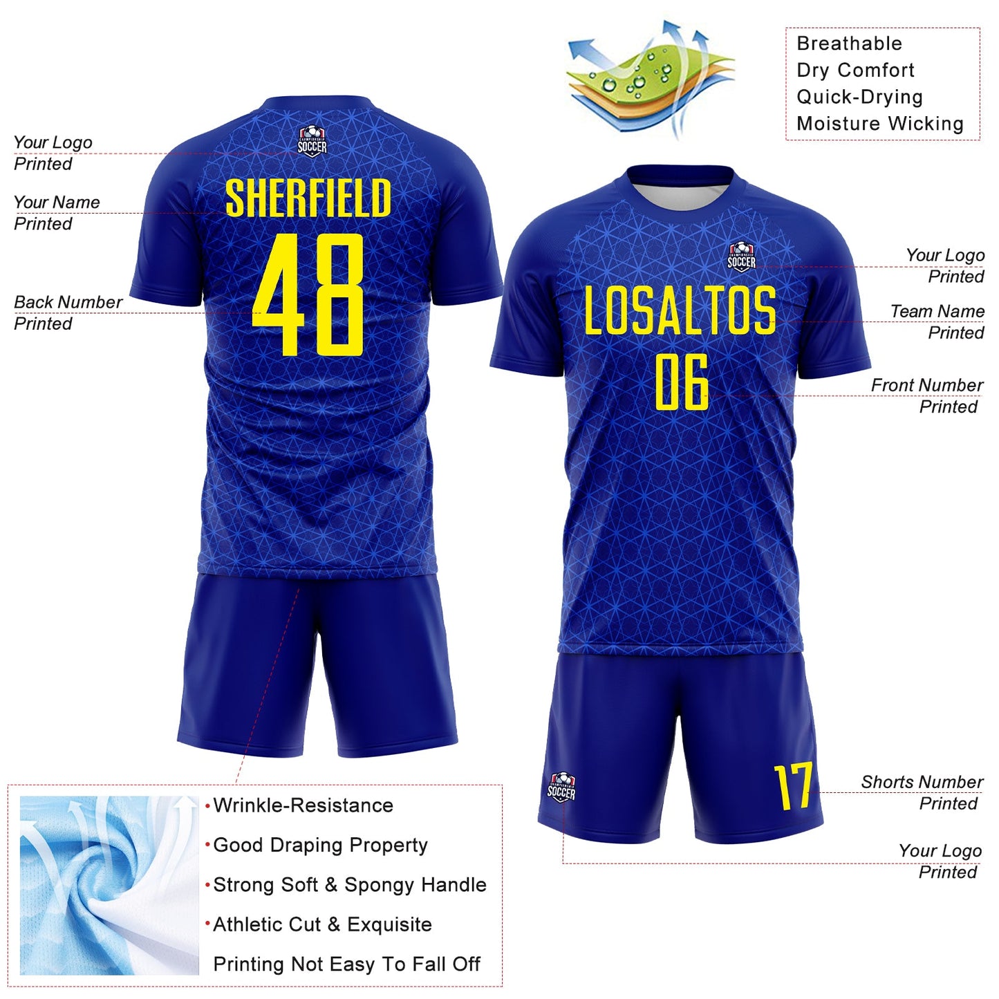 Custom Blue Light Yellow Brasil Digital Geometric Grid Sublimation Soccer Uniform Jersey view 4