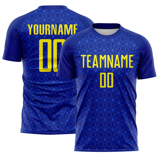 Custom Blue Light Yellow Brasil Digital Geometric Grid Sublimation Soccer Uniform Jersey - Main View