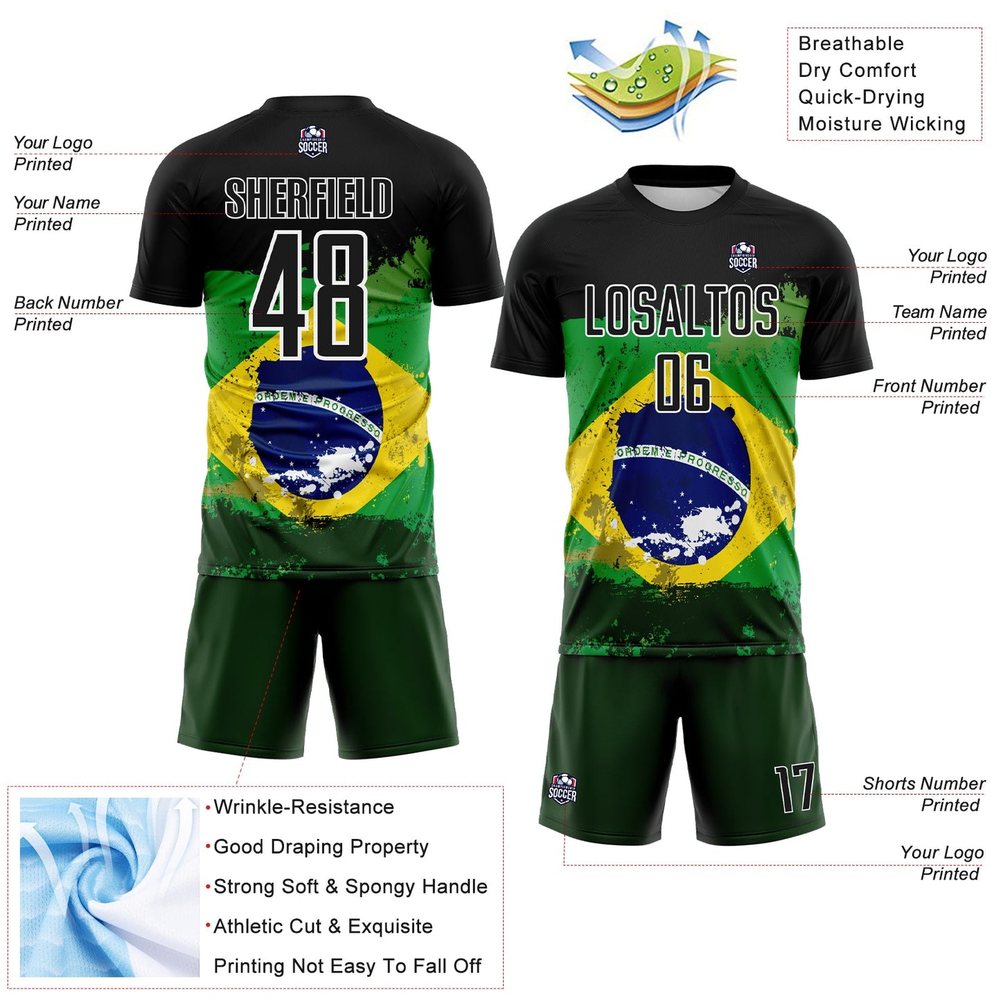 Custom Black Green Yellow-Blue Brazil Flag Sublimation Soccer Uniform Jersey view 4