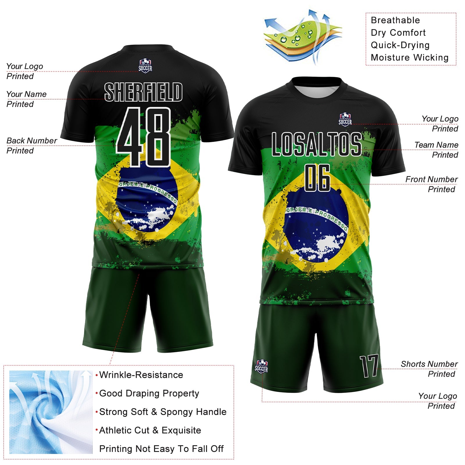 Custom Black Green Yellow-Blue Brazil Flag Sublimation Soccer Uniform Jersey view 4