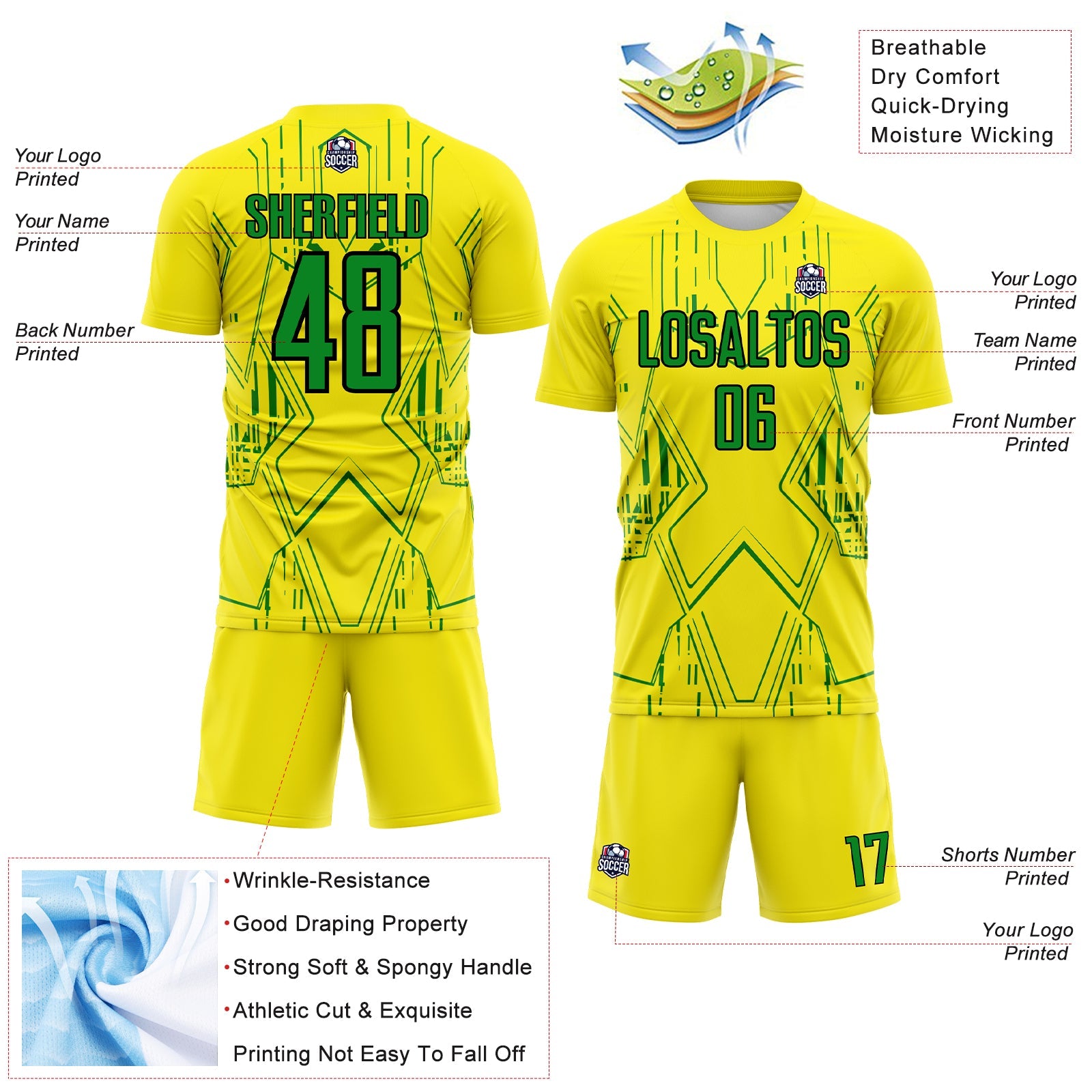 Custom Light Yellow Grass Green-Black Brasil Geometric Sublimation Soccer Uniform Jersey view 4