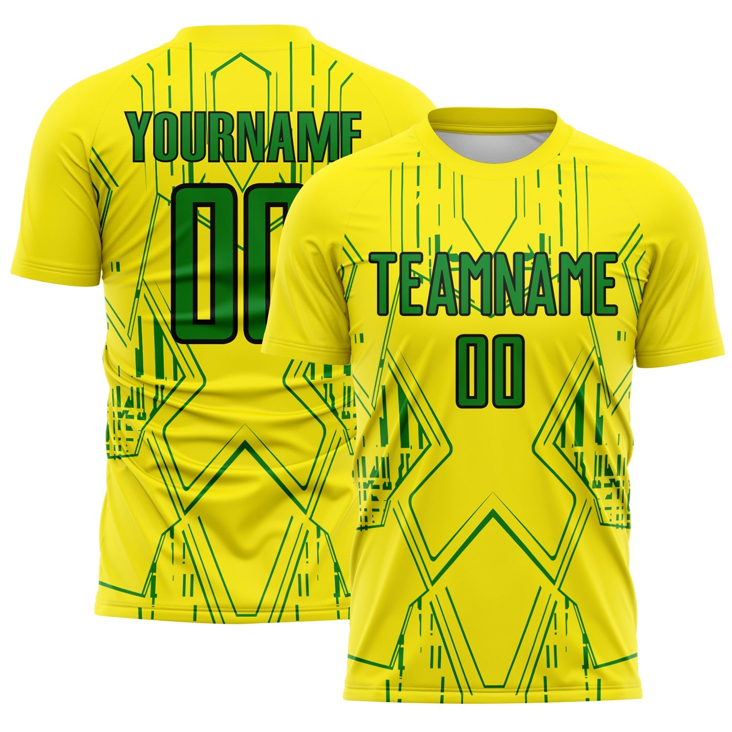 Custom Light Yellow Grass Green-Black Brasil Geometric Sublimation Soccer Uniform Jersey - Main View