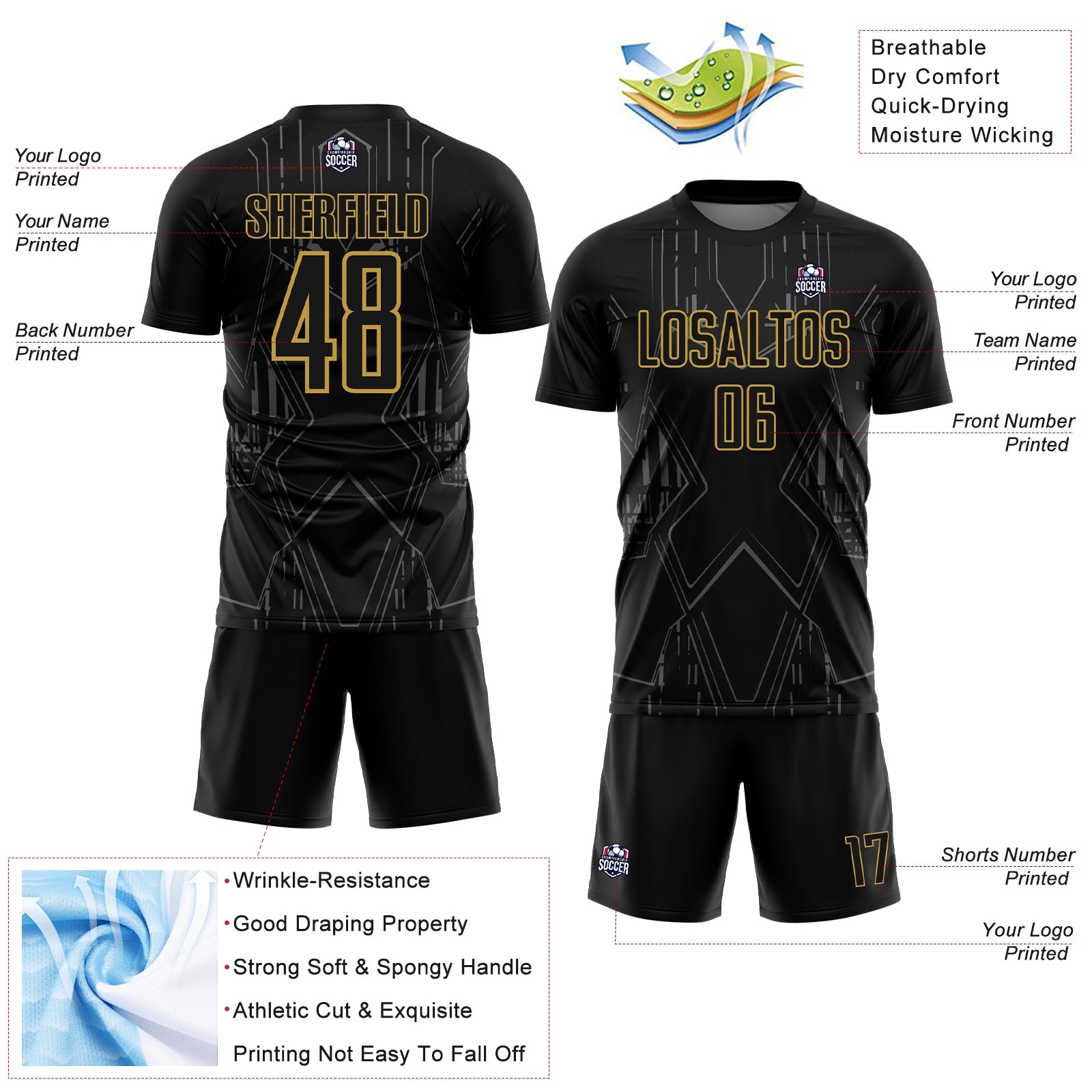 Custom Black Old Gold-Steel Gray Brasil Geometric Sublimation Soccer Uniform Jersey view 4