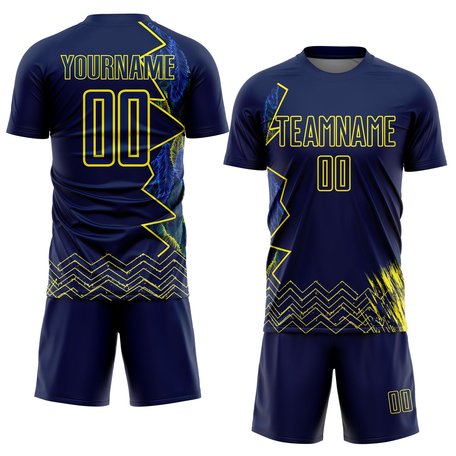 Custom Blue Light Yellow Brasil Zigzag Tropical Palm Leaves Sublimation Soccer Uniform Jersey view 2