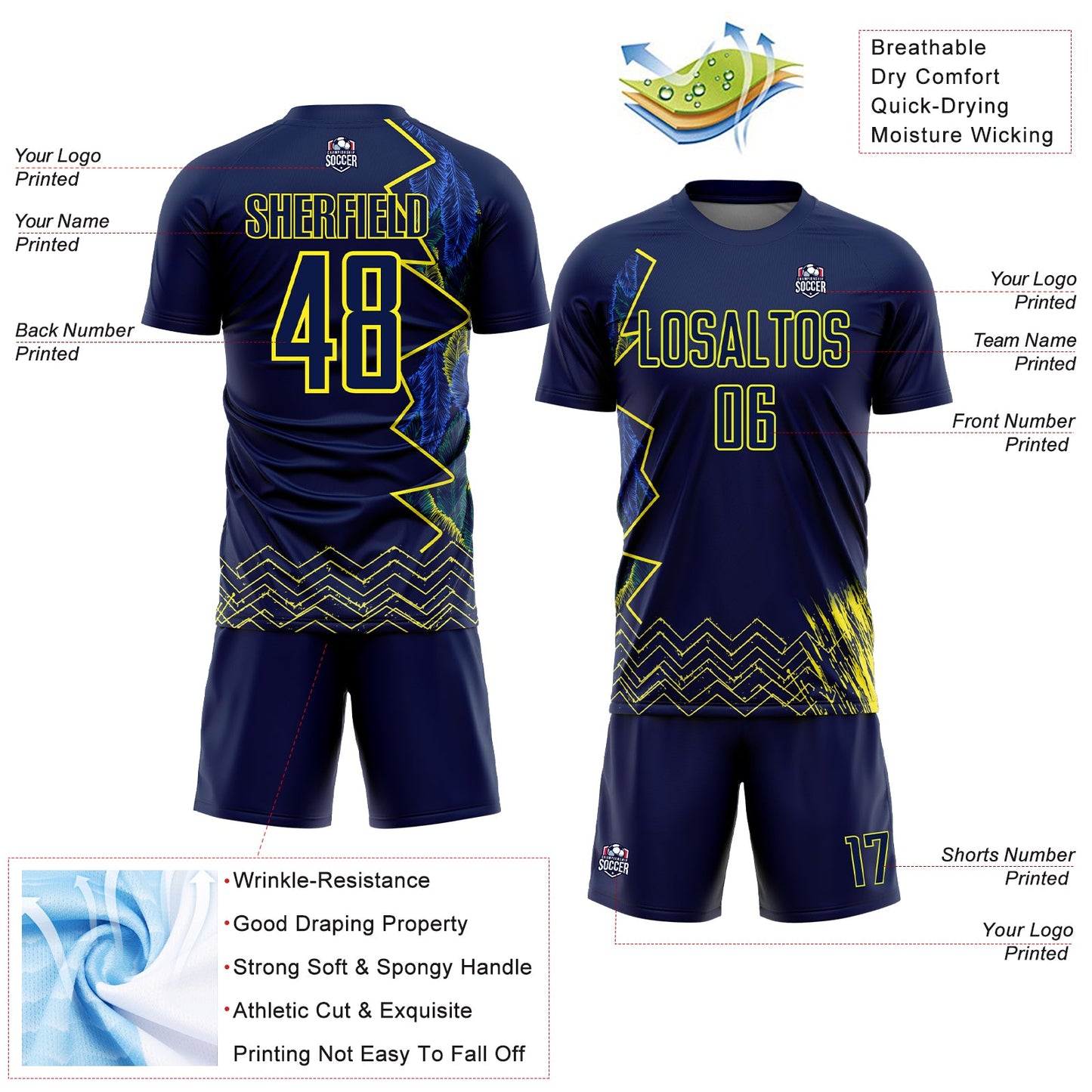 Custom Blue Light Yellow Brasil Zigzag Tropical Palm Leaves Sublimation Soccer Uniform Jersey view 4