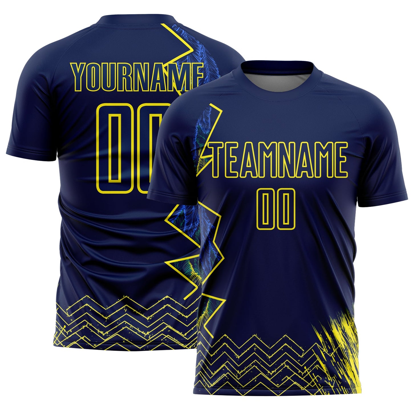 Custom Blue Light Yellow Brasil Zigzag Tropical Palm Leaves Sublimation Soccer Uniform Jersey - Main View