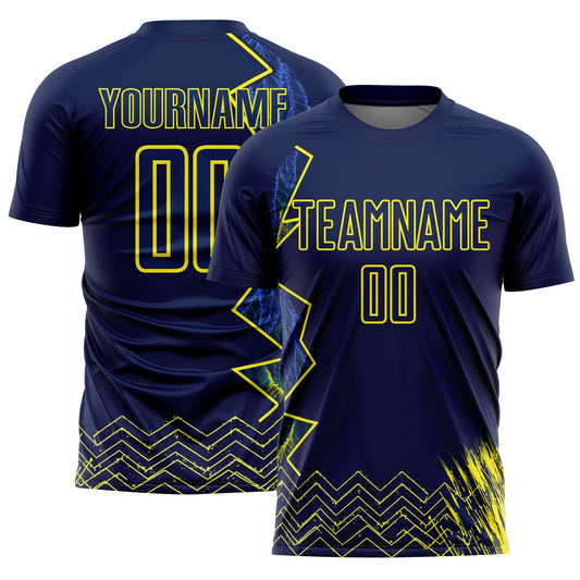 Custom Blue Light Yellow Brasil Zigzag Tropical Palm Leaves Sublimation Soccer Uniform Jersey - Main View