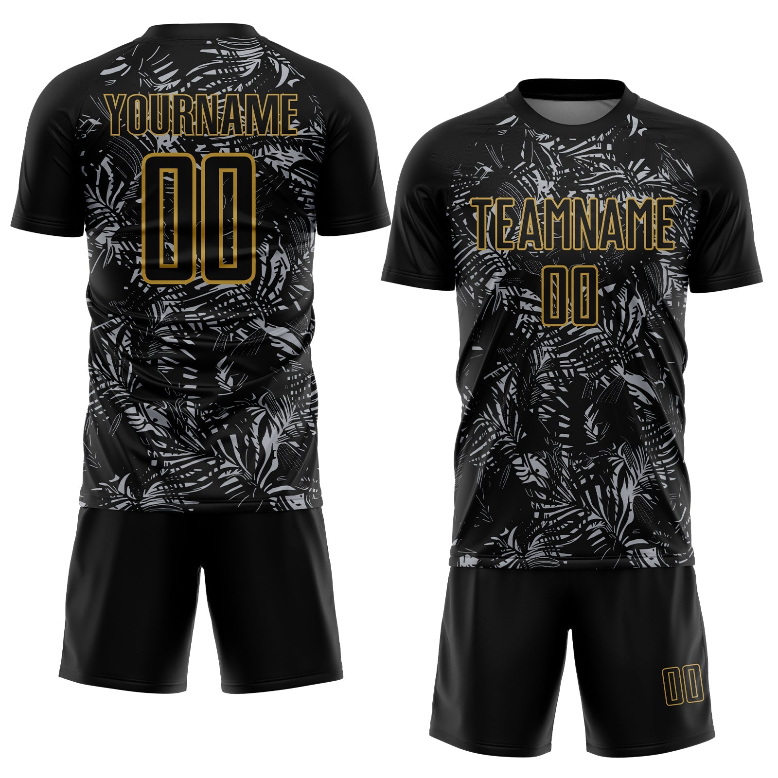 Custom Black Gray-Old Gold Brasil Tropical Palm Leaves Sublimation Soccer Uniform Jersey view 2