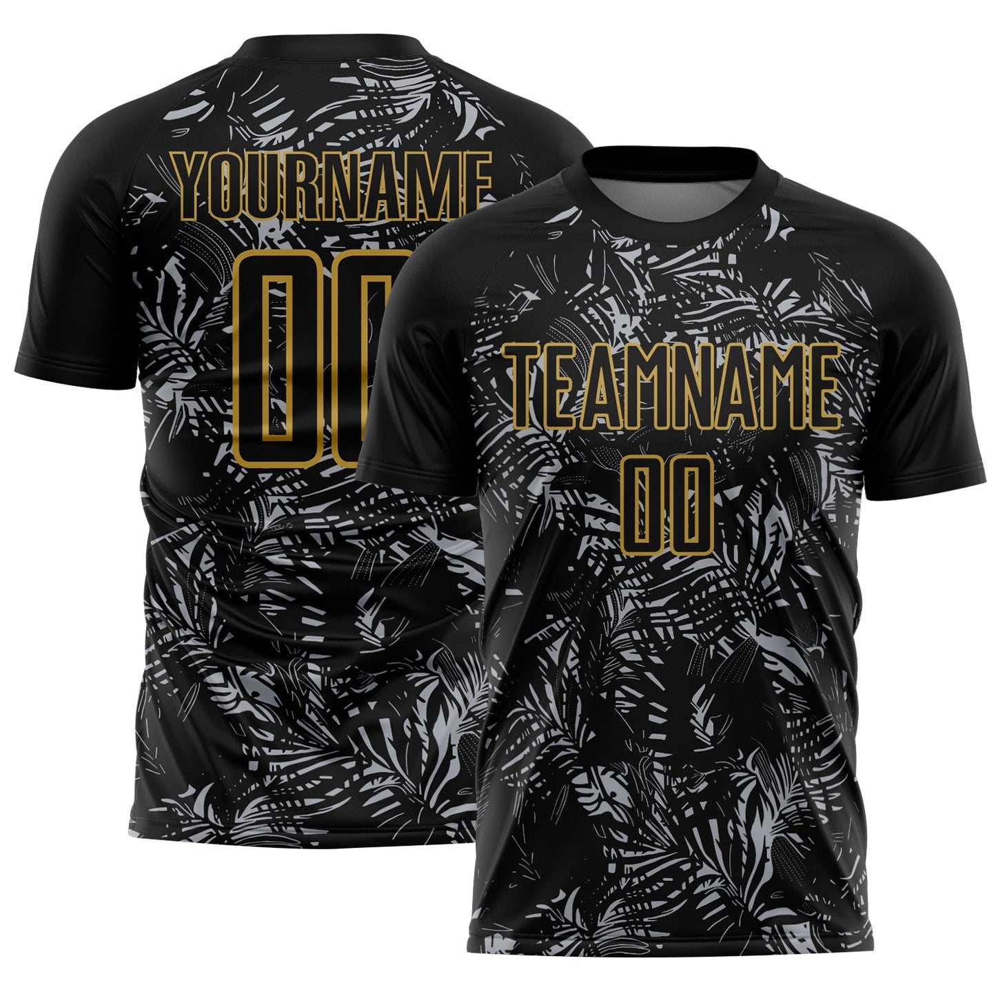 Custom Black Gray-Old Gold Brasil Tropical Palm Leaves Sublimation Soccer Uniform Jersey - Main View