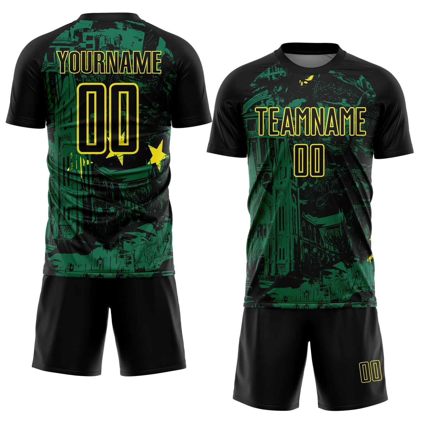 Custom Black Kelly Green-Light Yellow Brasil Cityscape Splatter Sublimation Soccer Uniform Jersey view 2