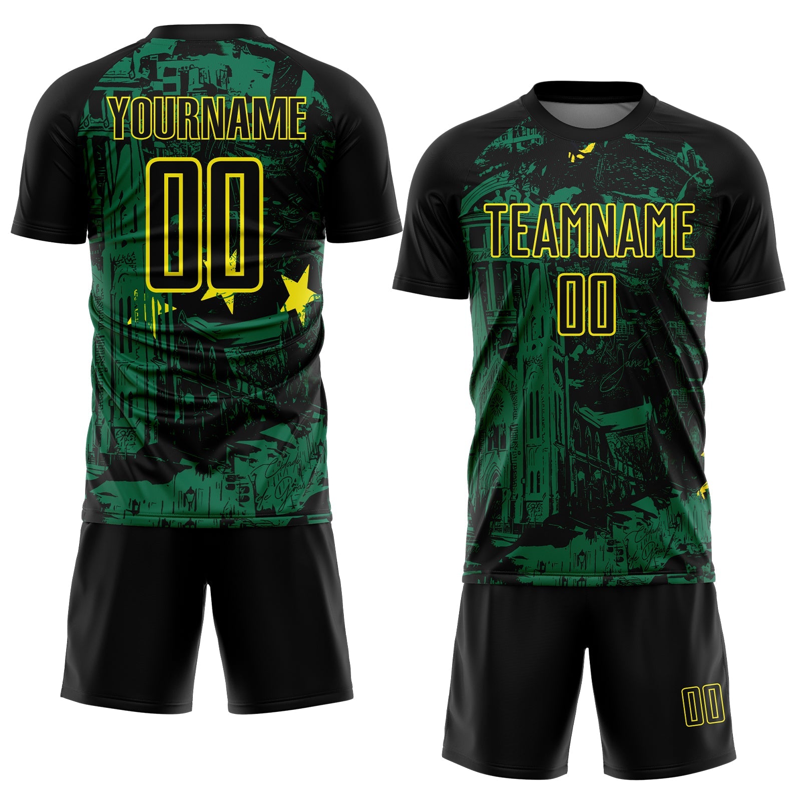 Custom Black Kelly Green-Light Yellow Brasil Cityscape Splatter Sublimation Soccer Uniform Jersey view 2