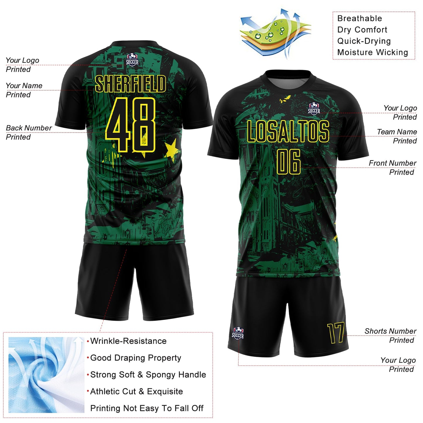Custom Black Kelly Green-Light Yellow Brasil Cityscape Splatter Sublimation Soccer Uniform Jersey view 4