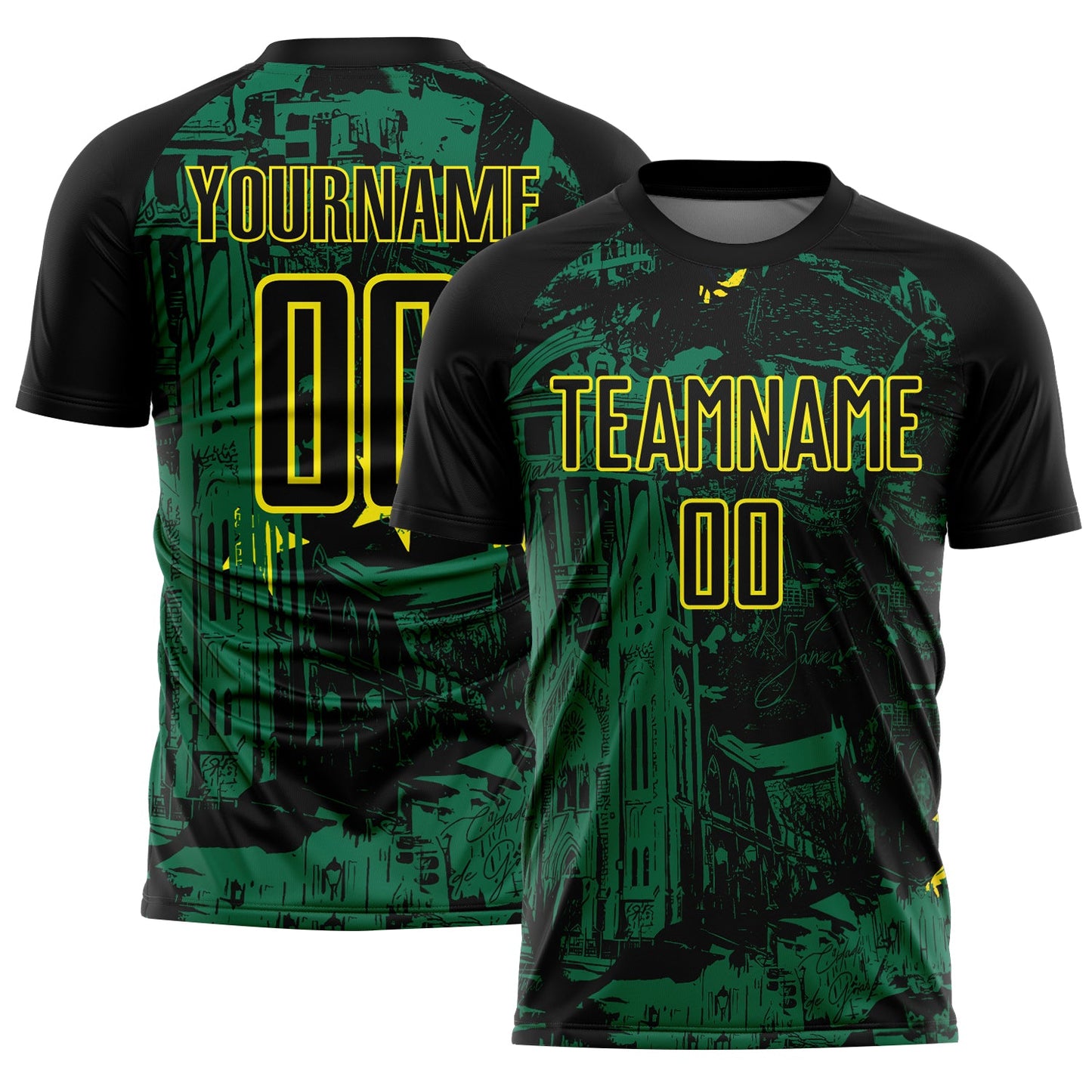 Custom Black Kelly Green-Light Yellow Brasil Cityscape Splatter Sublimation Soccer Uniform Jersey - Main View